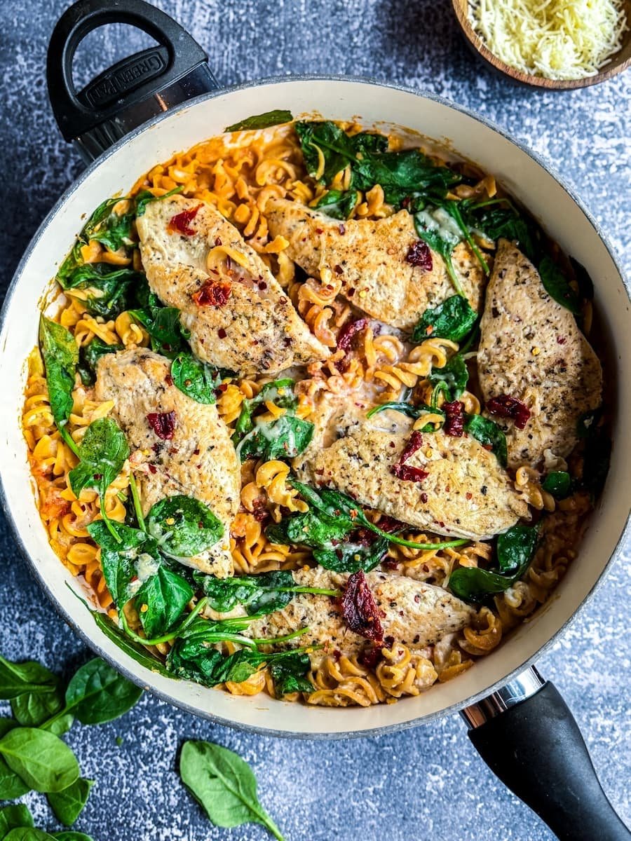 overhead shot of a pan of marry me chicken pasta
