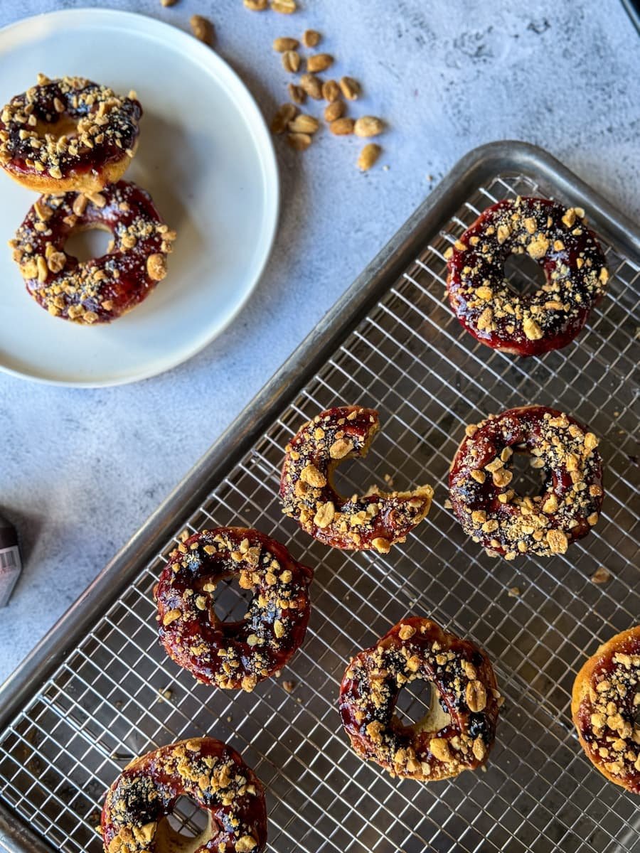 cake donut - overhead photo of pb&j cake donuts