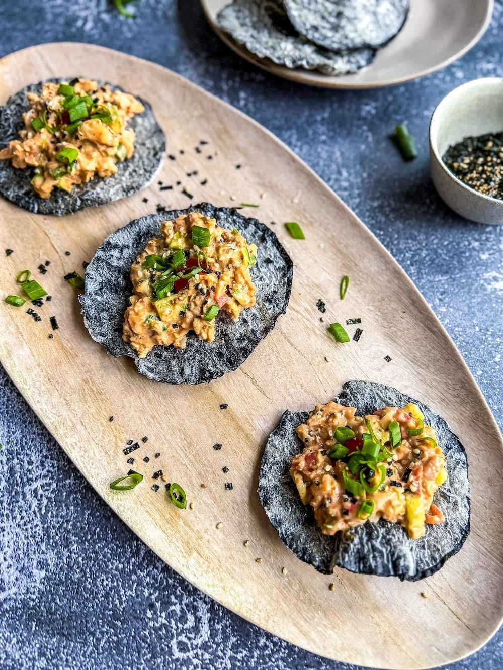 crispy salmon and crab tostada