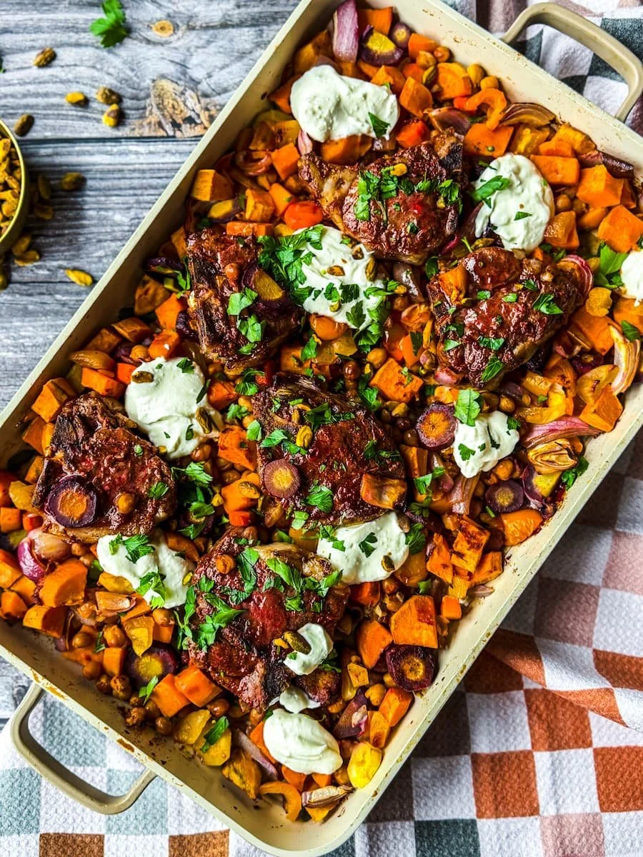 lamb loin chops / lamb loin chops recipe - overhead photo of roasted lamb and veggie sheet pan meal