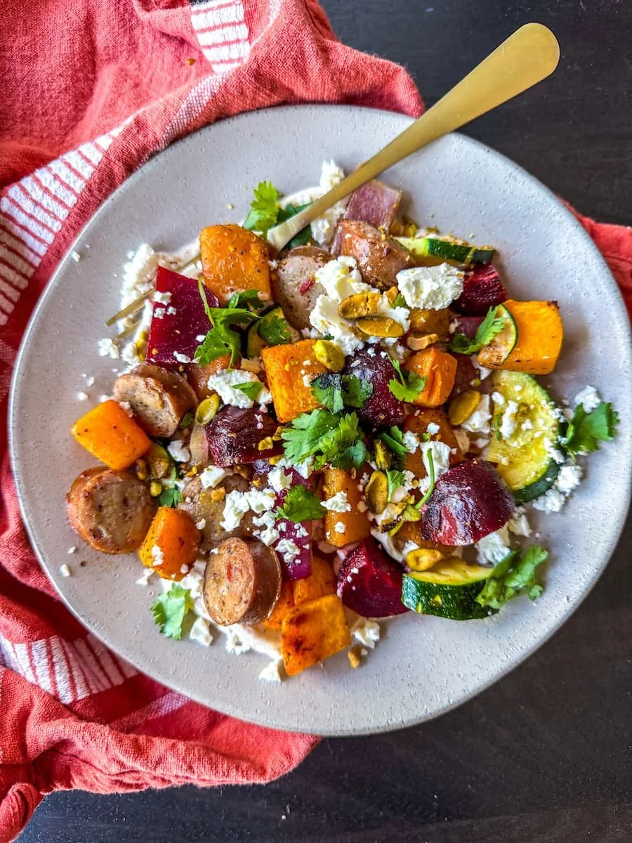 healthy lunch ideas for weight loss - roasted butternut squash bowls with chicken sausage and veggies