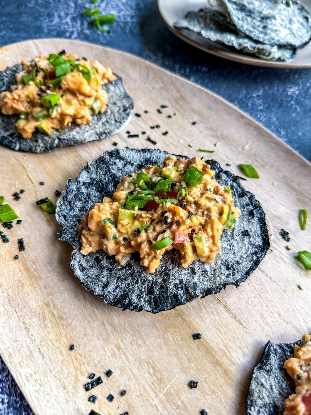 crispy salmon and crab tostada