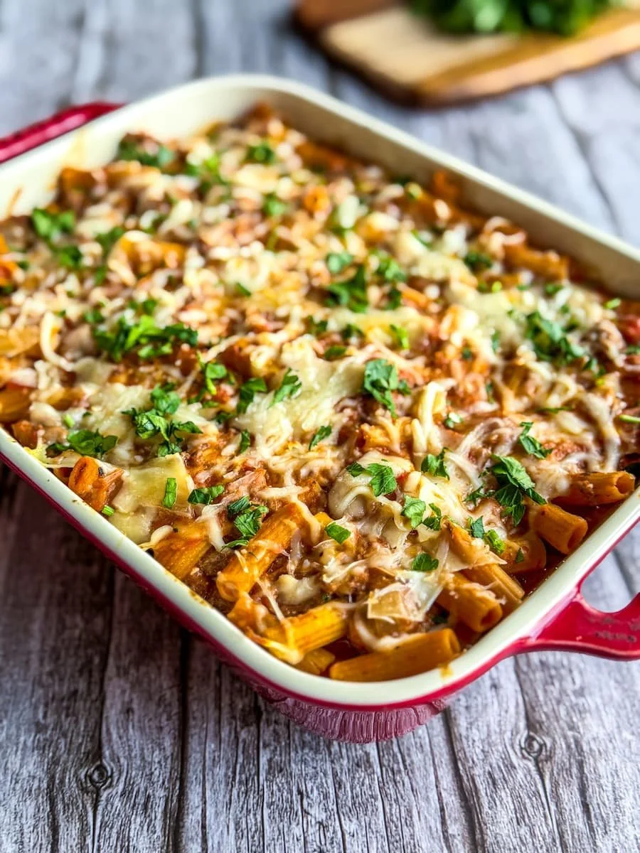 baking dish full of protein pasta