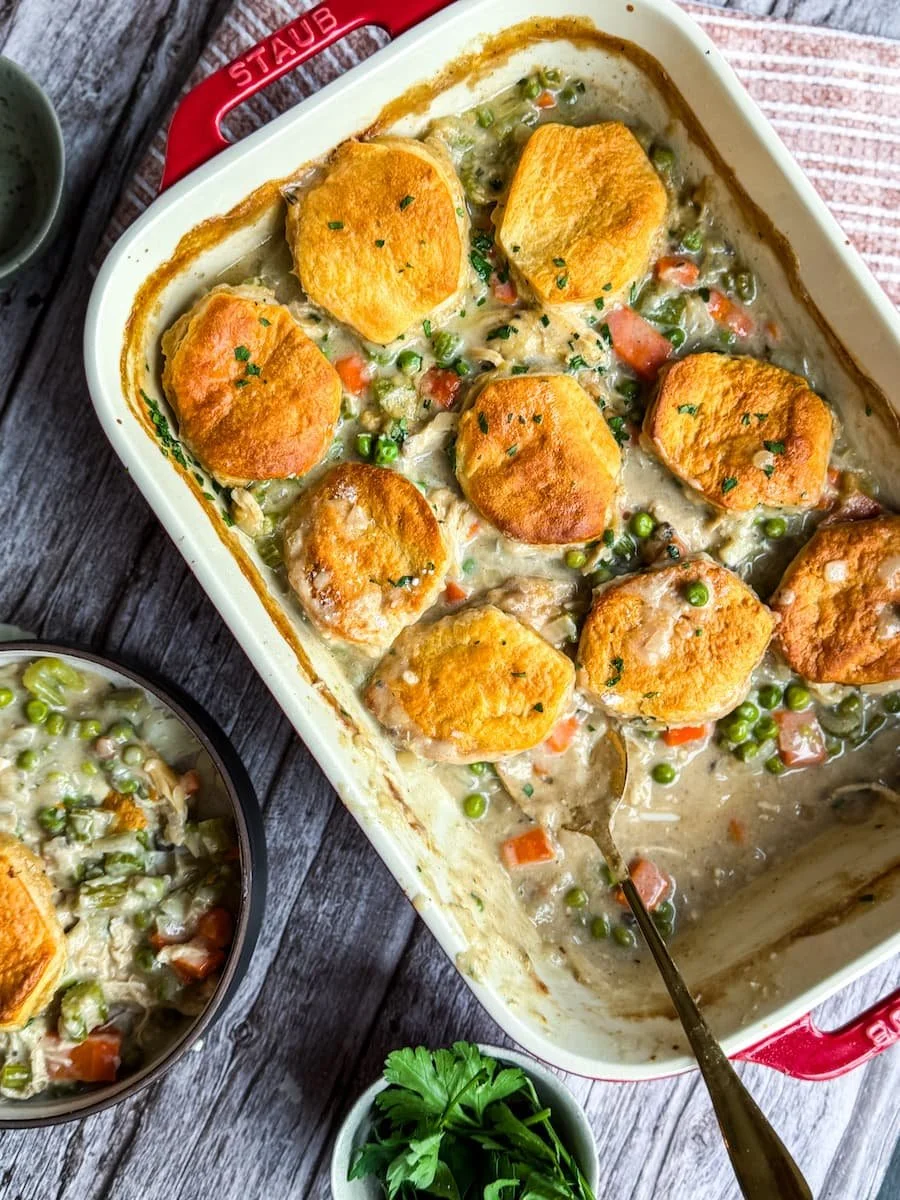 overhead shot of chicken pot pie casserole / shredded chicken recipes