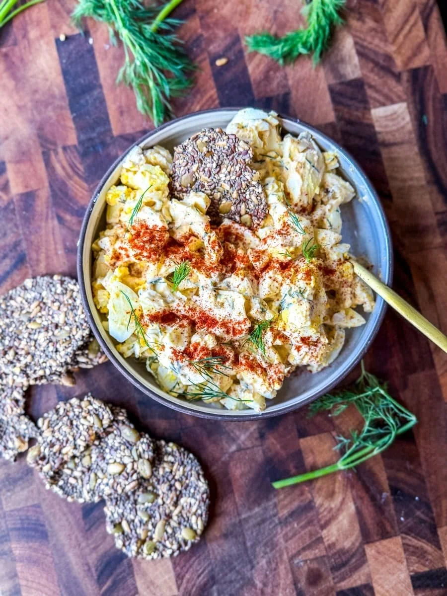 overhead shot of deviled egg dip / boiled egg time