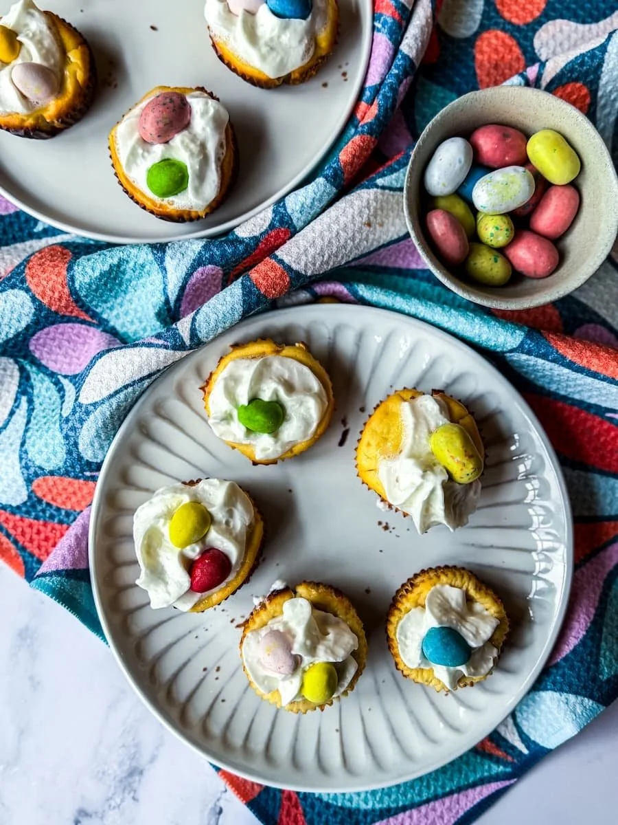 cheesecake bites / mini cheesecake bites on a plate (overhead shot) with whipped cream and chocolate eggs on top