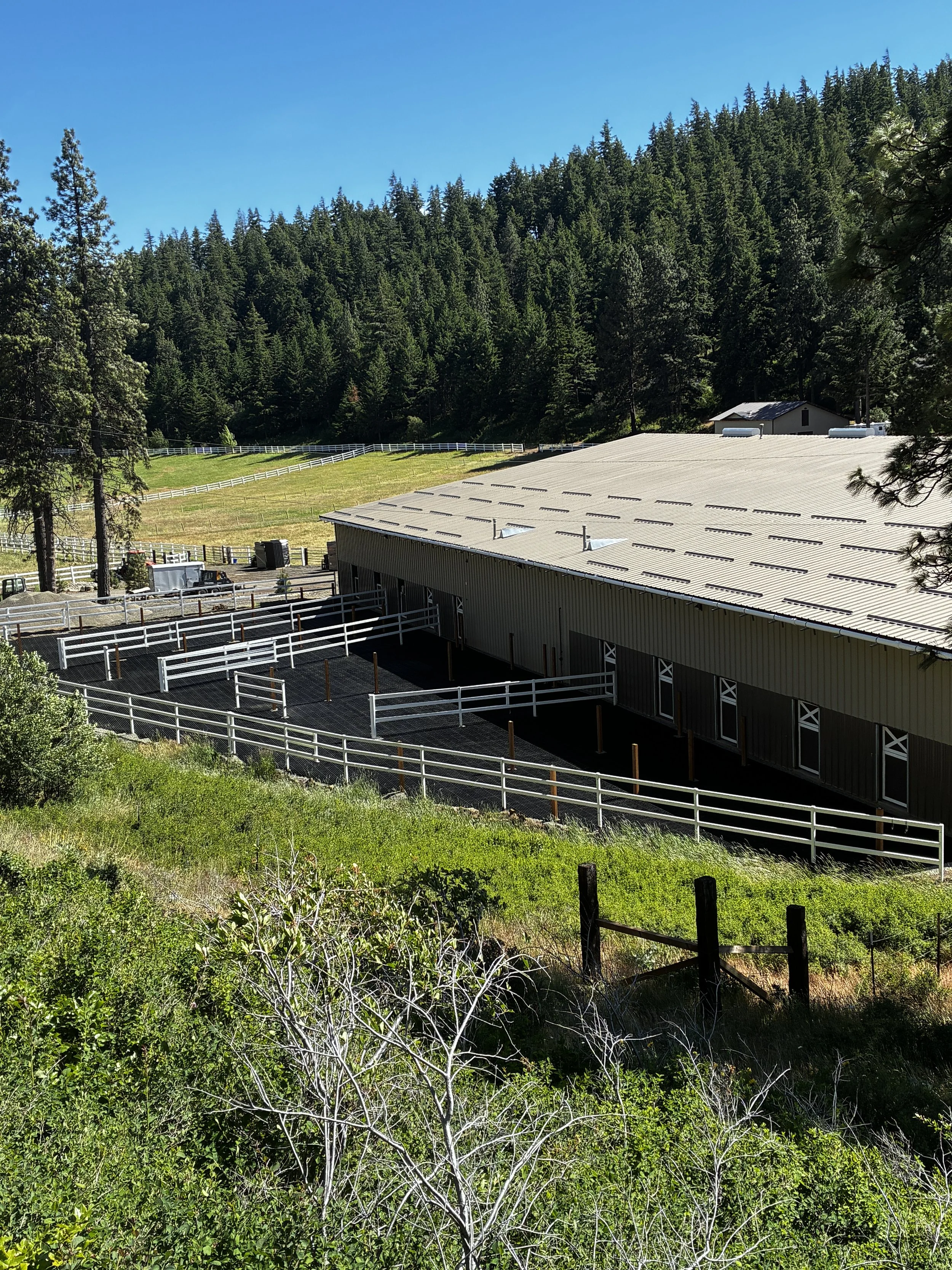 A large metal building with a sloped roof is situated in front of a densely wooded hill with tall pine trees under a clear blue sky.