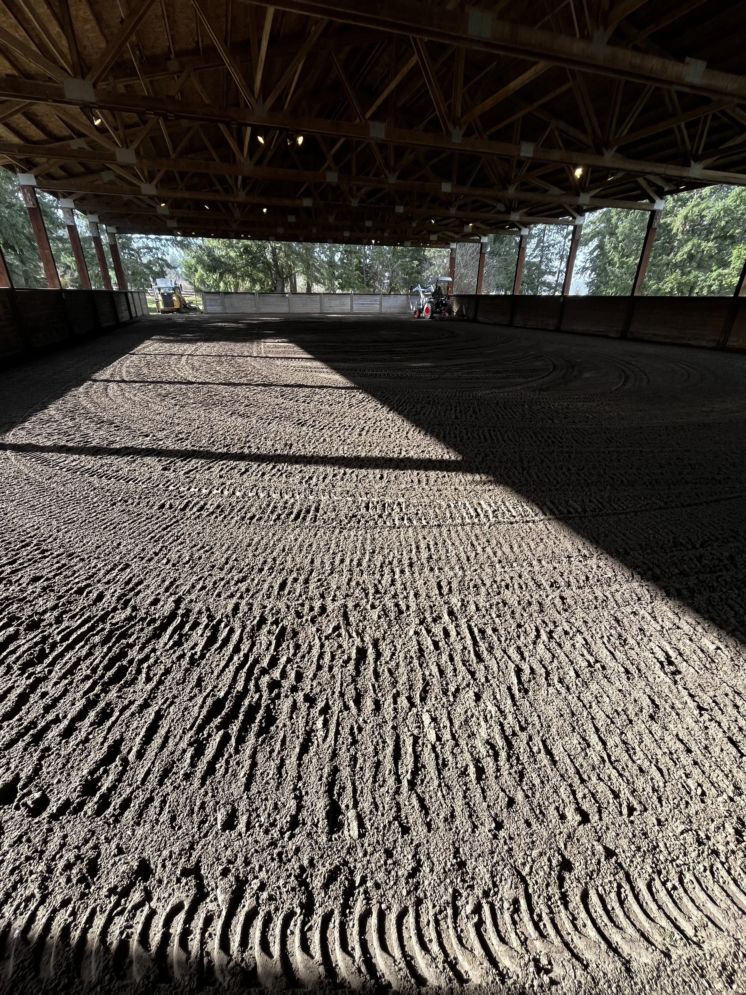 Inside an open-air covered riding arena with a dirt surface, construction equipment visible outside, and sunlight filtering in.