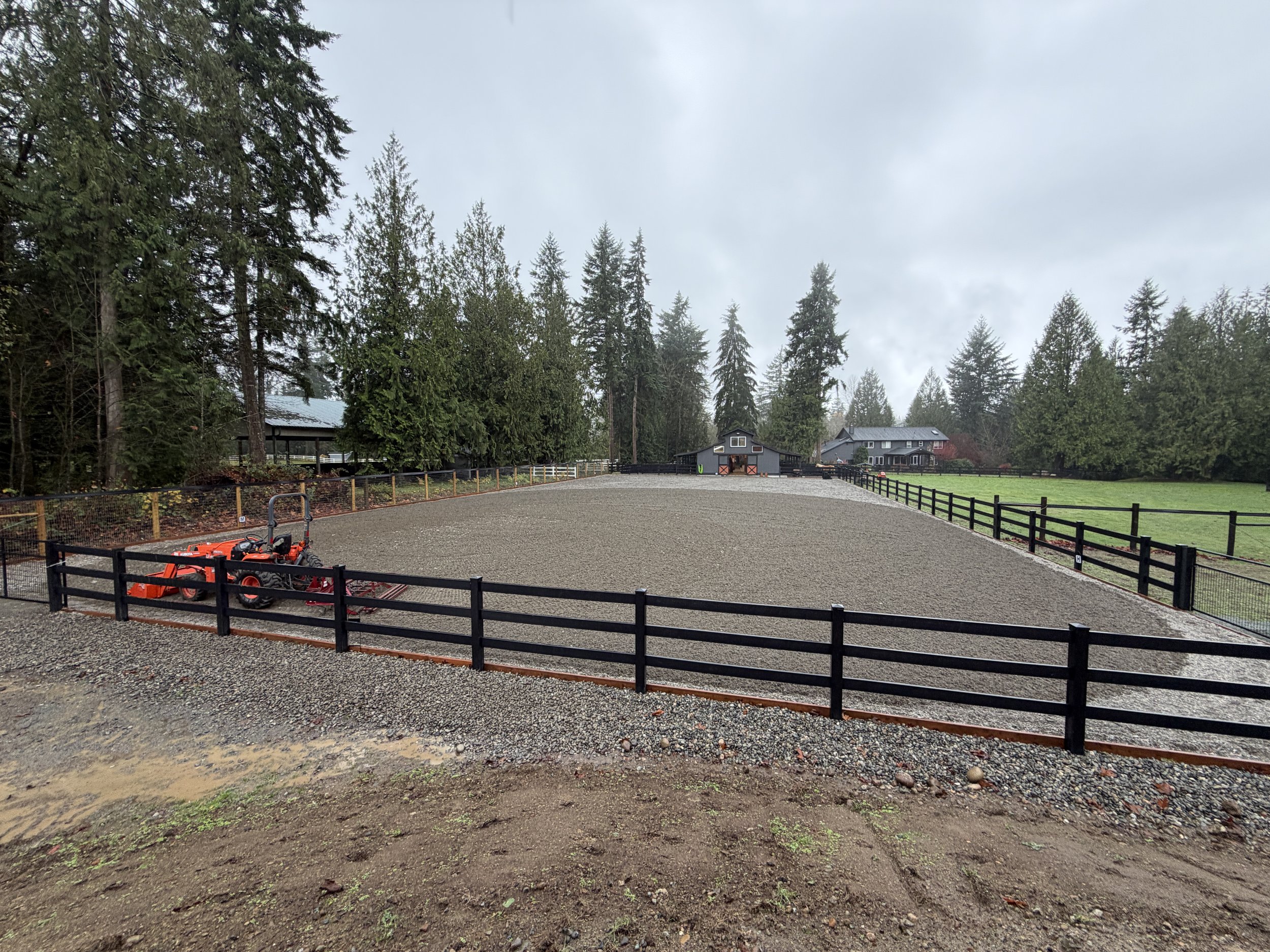 A dirt arena with black fencing, surrounded by tall evergreen trees and farm buildings, on a foggy day.