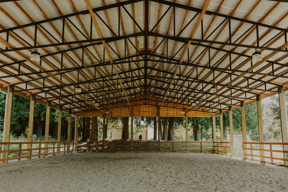 An empty indoor riding arena with a sandy floor, wooden railings, and a metal roof supported by black beams, near trees and a building in the background.