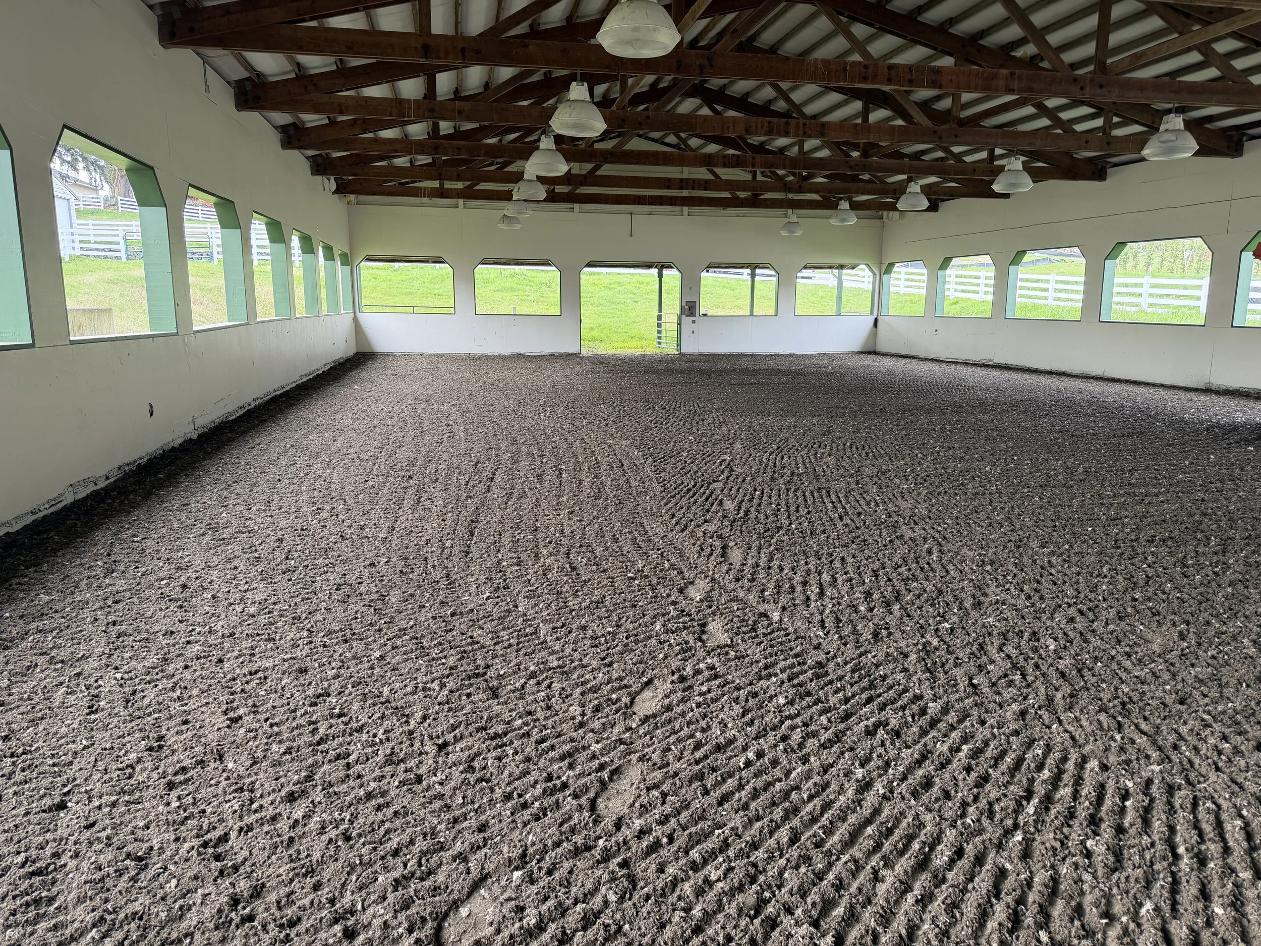 Indoor equestrian arena with wood-beamed ceiling, white walls, large windows, and a dirt riding surface.