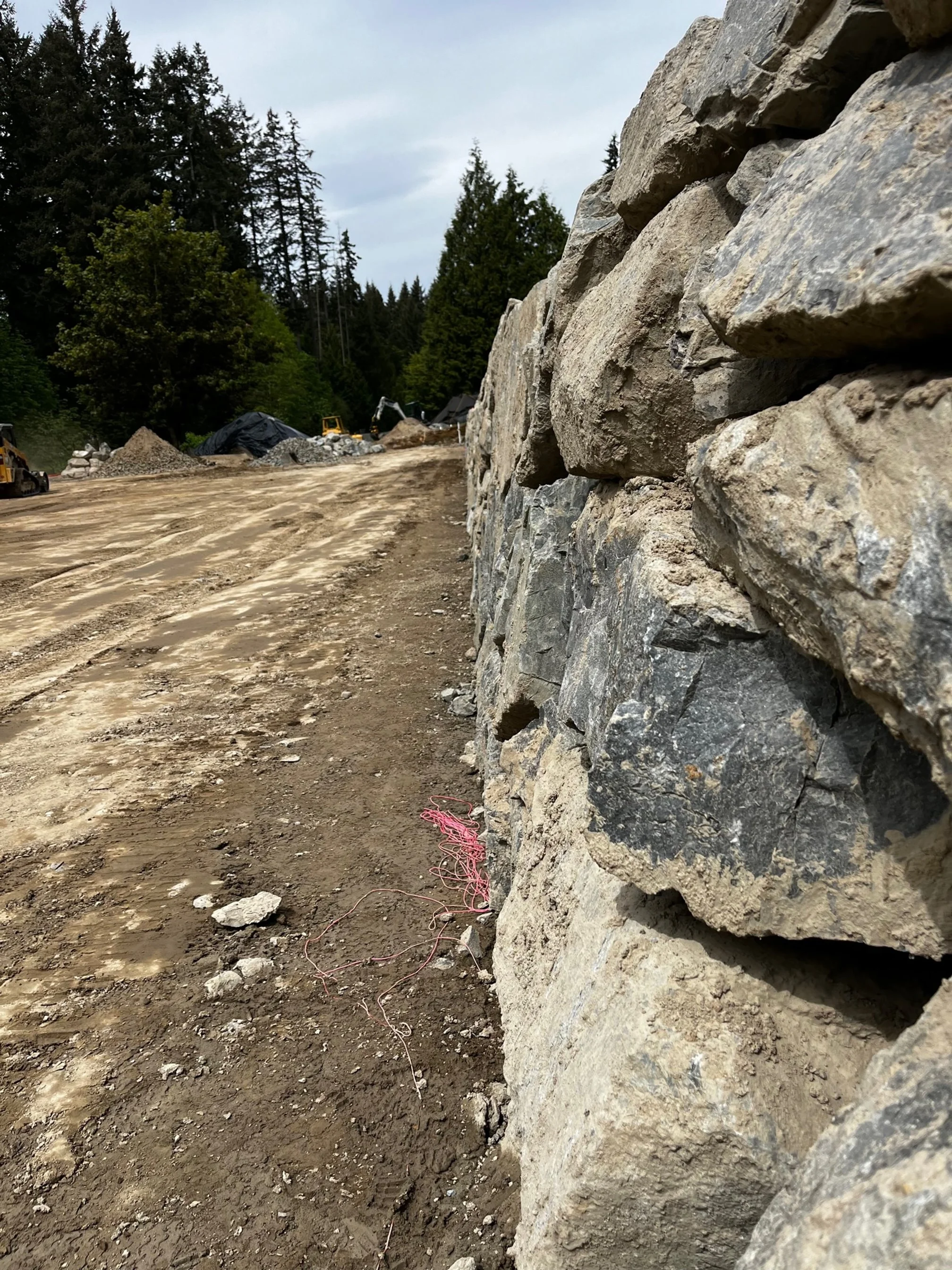 Close-up view of a stone retaining wall on a construction site with dirt ground and construction equipment in the background, surrounded by trees under a cloudy sky.