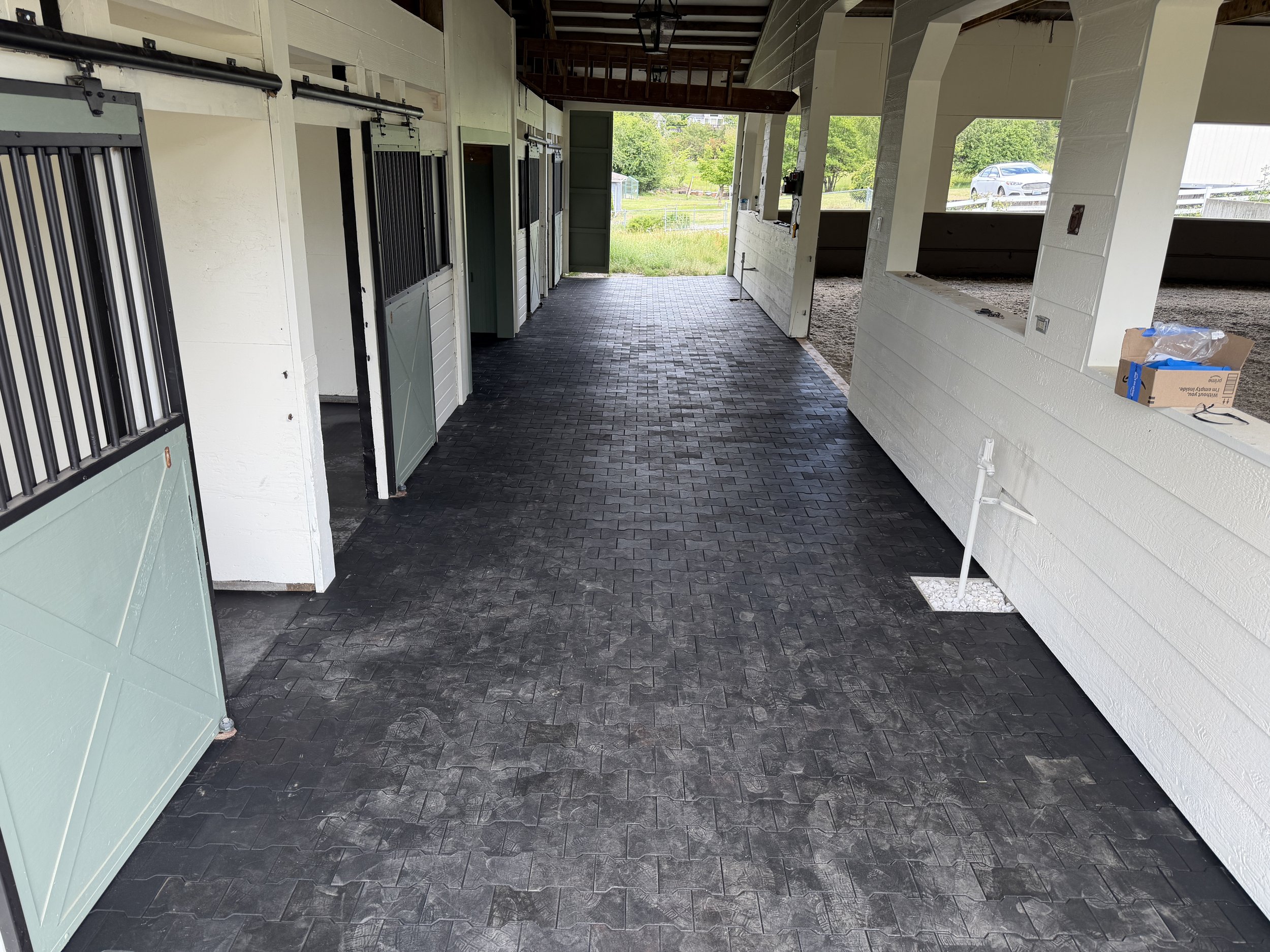 Inside a horse stable with black brick flooring, white walls, and open barn doors revealing a grassy outdoor area with trees and a parked car in the background.
