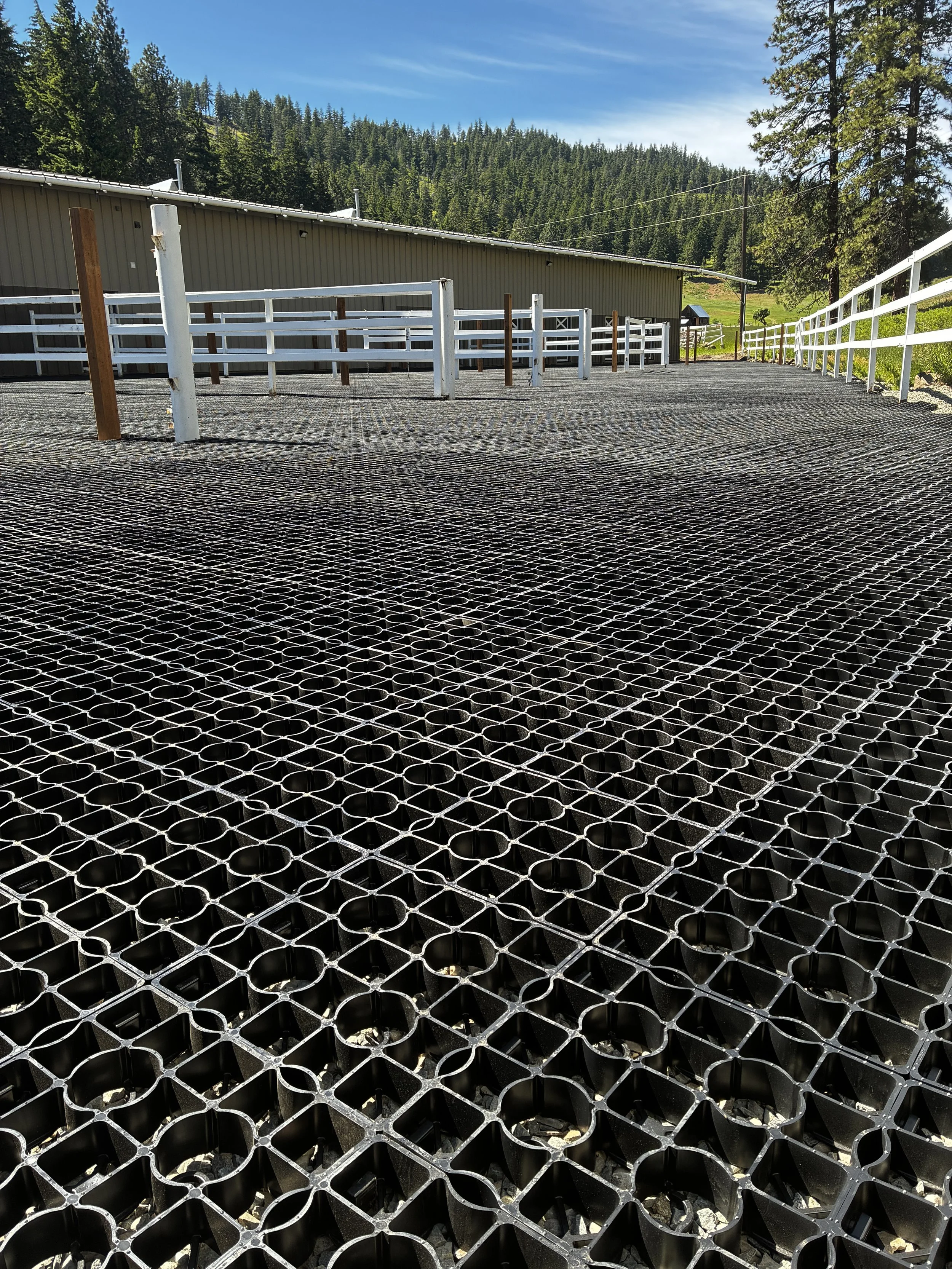 A newly constructed outdoor metal ramp with safety rails on both sides, leading uphill towards a wooded area and residential buildings in the background.