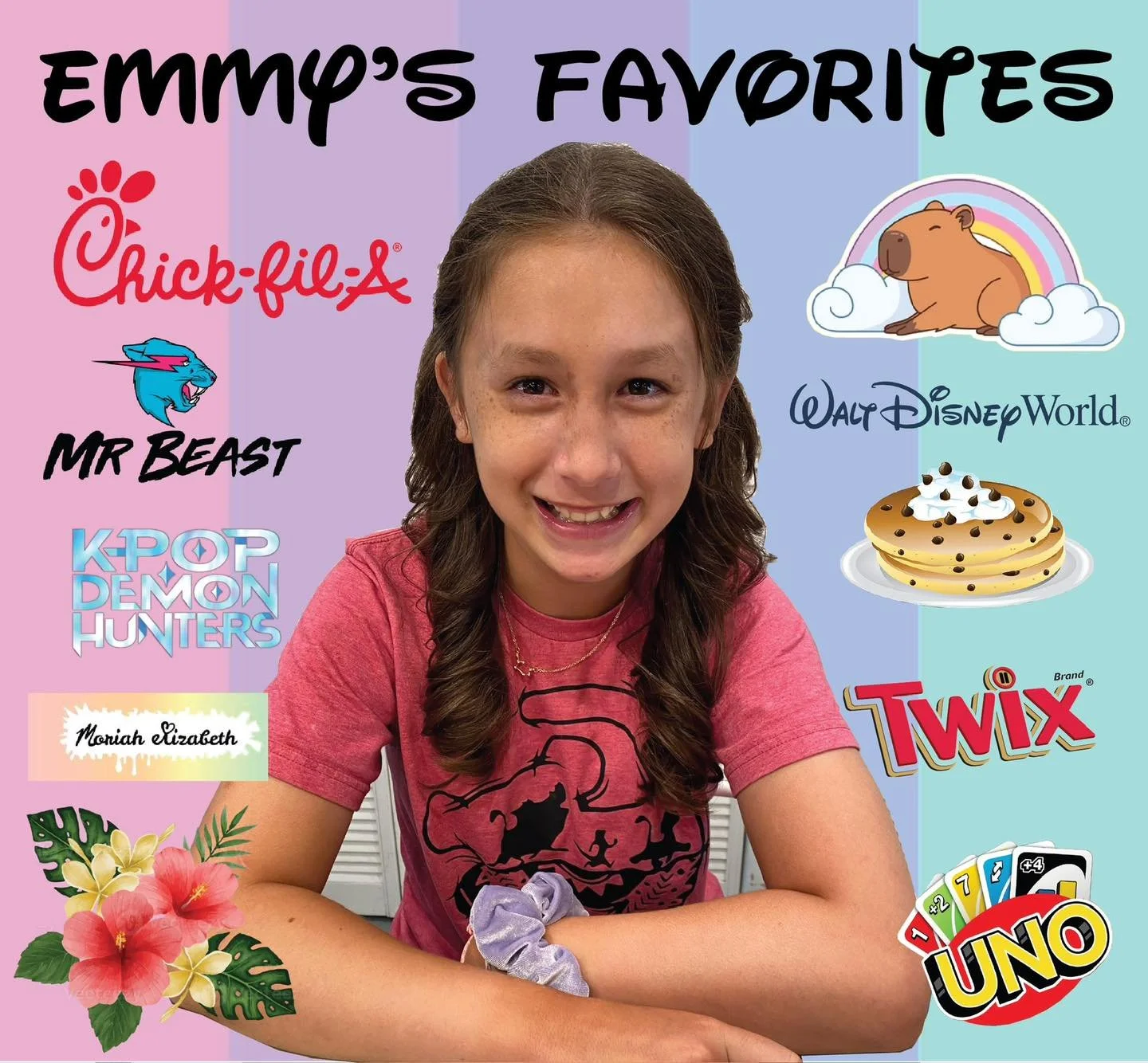 🎵 Cute capybaras and Mr. Beast videos, Chocolate chip pancakes and dangly earrings, These are a few of her favorite things…🎵
Emmy is not a girl of many words but she is a girl of many interests! Currently, we have the K-Pop Demon Hunters s