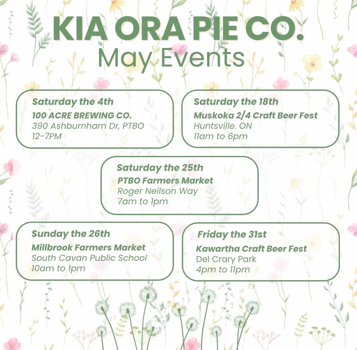 Hey Pie People!
This is where to find us in the month of May. Need some pies for your freezer in the meantime? Place an order online for curb side pick up.