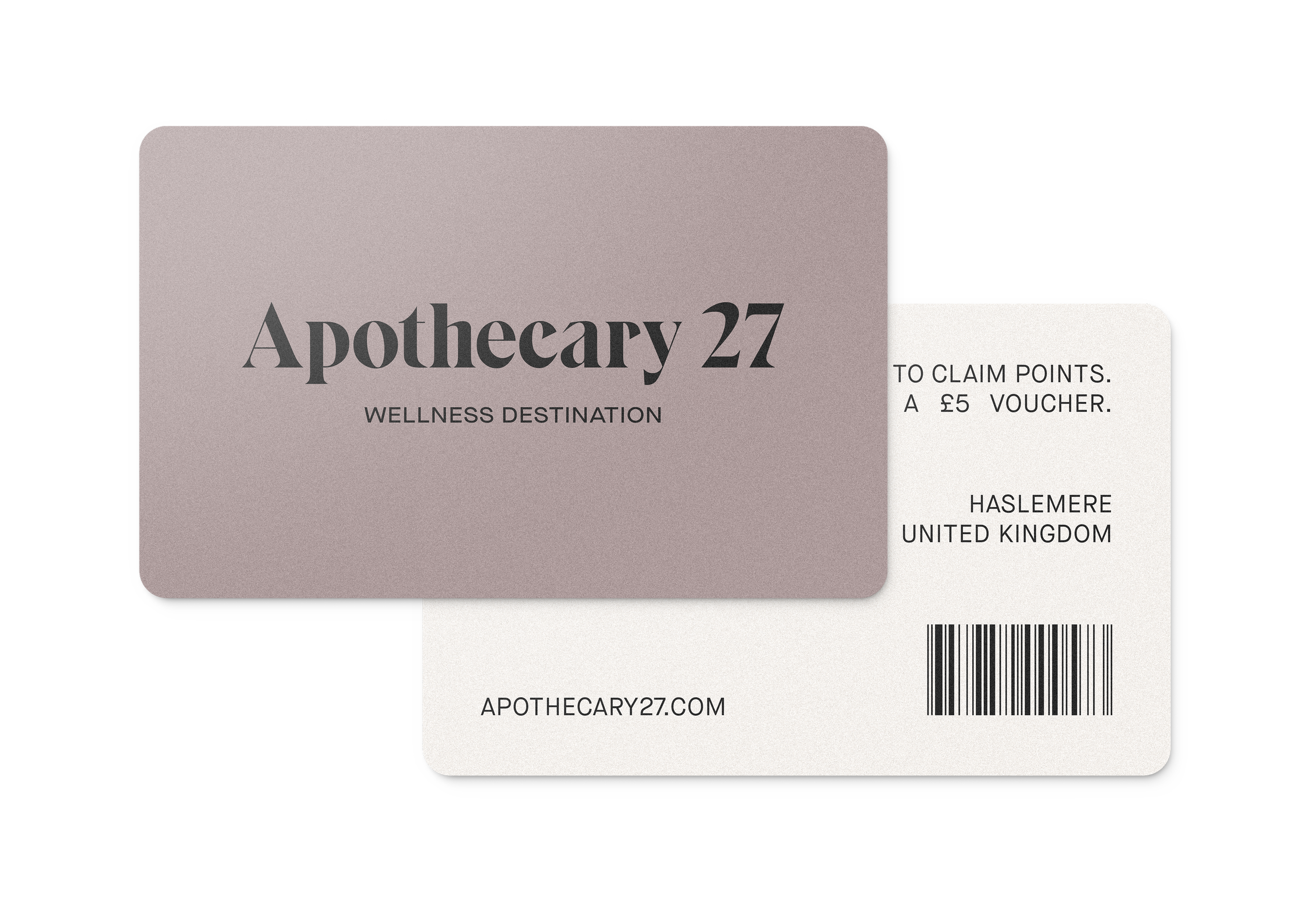Loyalty card for Apothecary 27, a wellness destination, featuring a £5 voucher and details for claiming points, located in Haslemere, UK with a barcode and website URL.