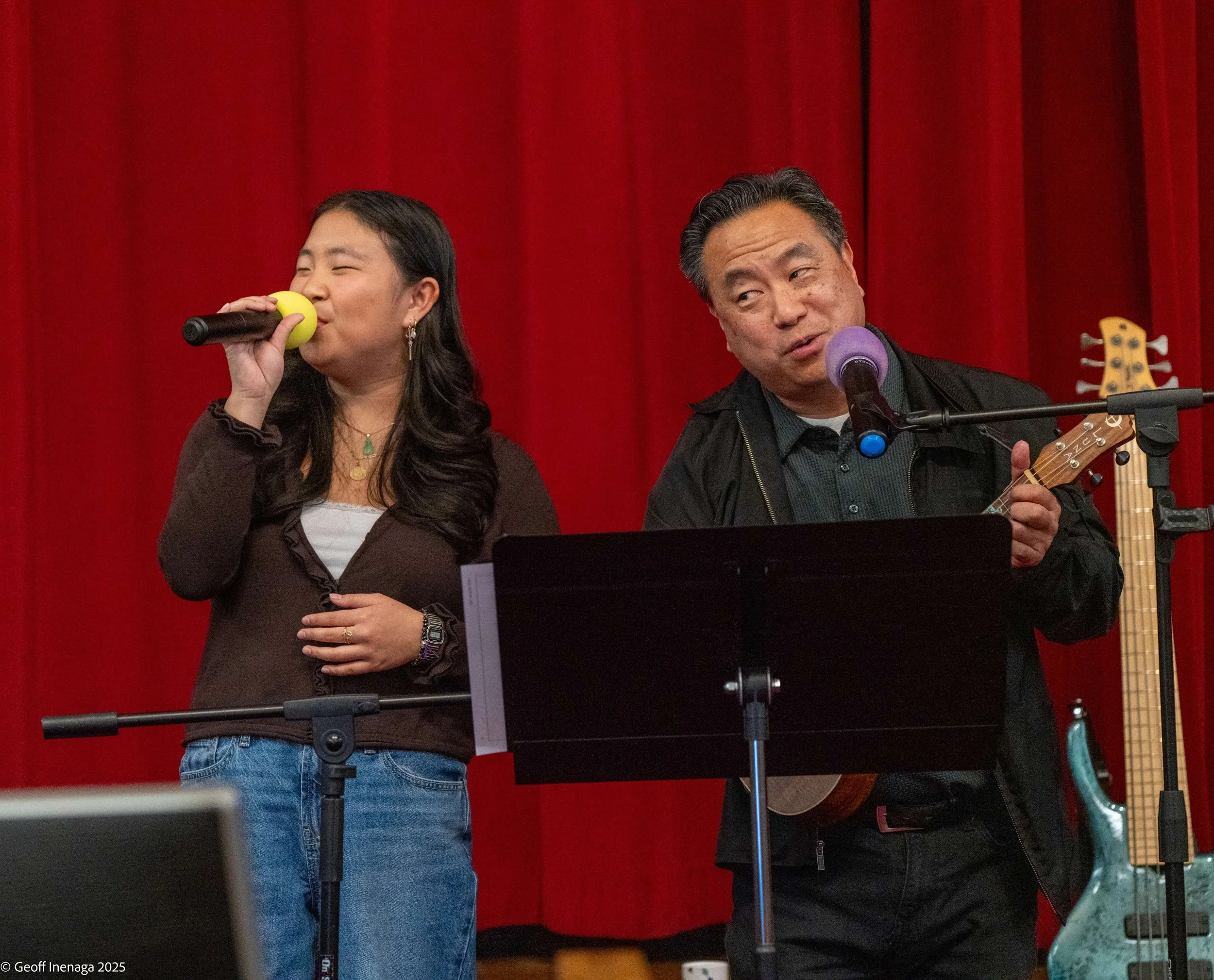  Ellie Mizushima with her dad, Sensei Koichi Mizushima, on ukulele, who is the founder of the J.A.M.S. Showcase. 