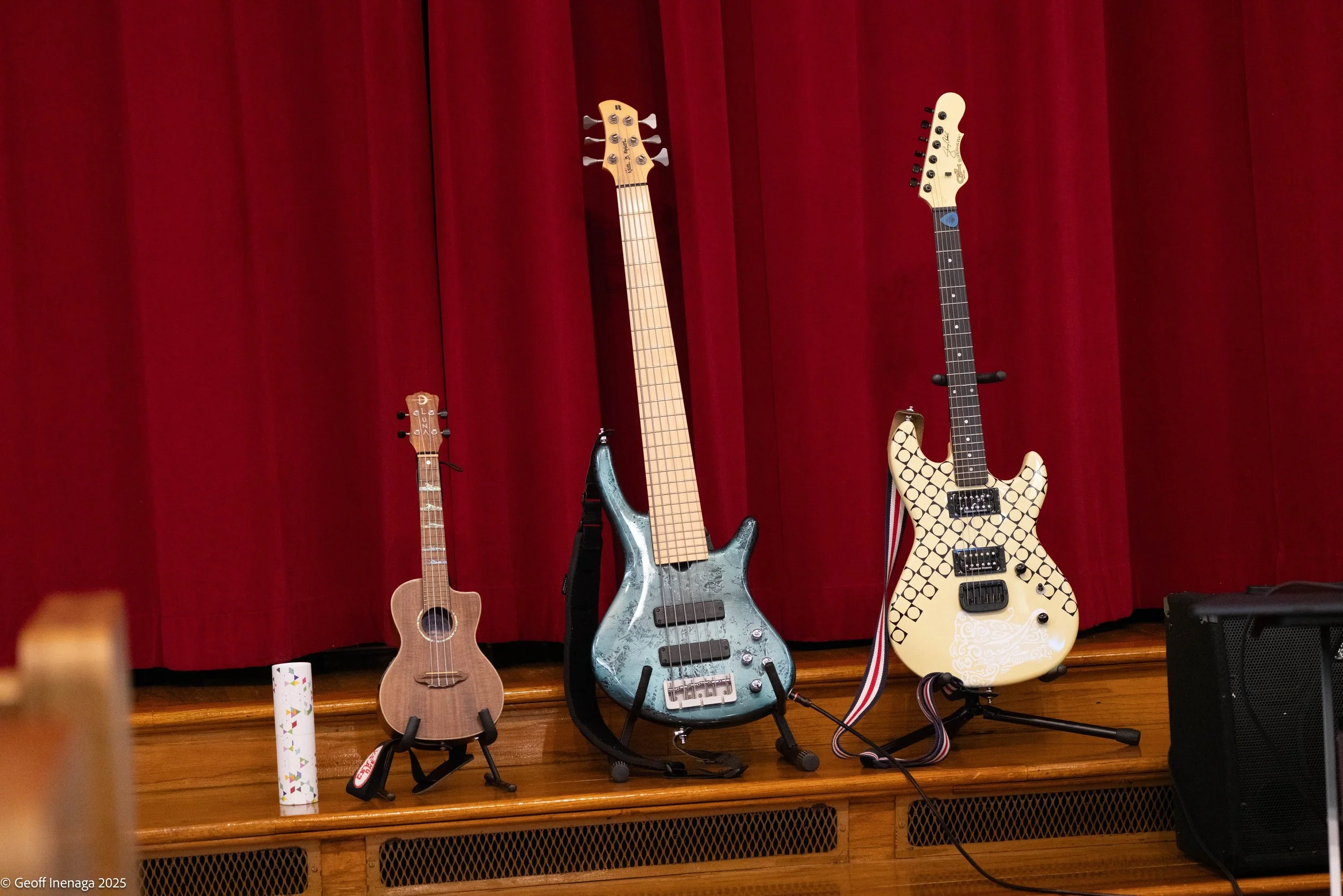  Rev. Yuki Sugahara’s two guitars and Sensei Koichi Mizushima’s ukulele. 