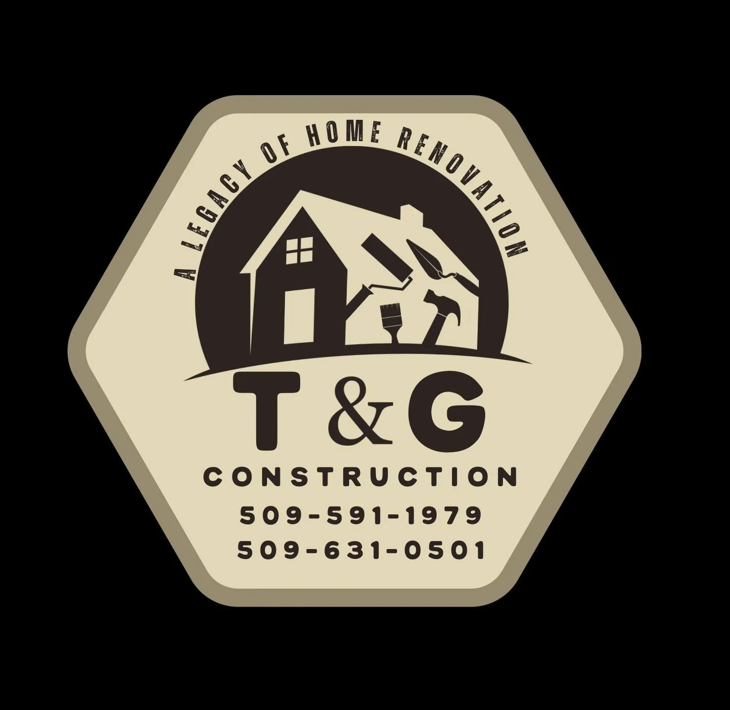 Logo for T&G Construction featuring a house and tools, with text 'A Legacy of Home Renovation' and contact numbers.