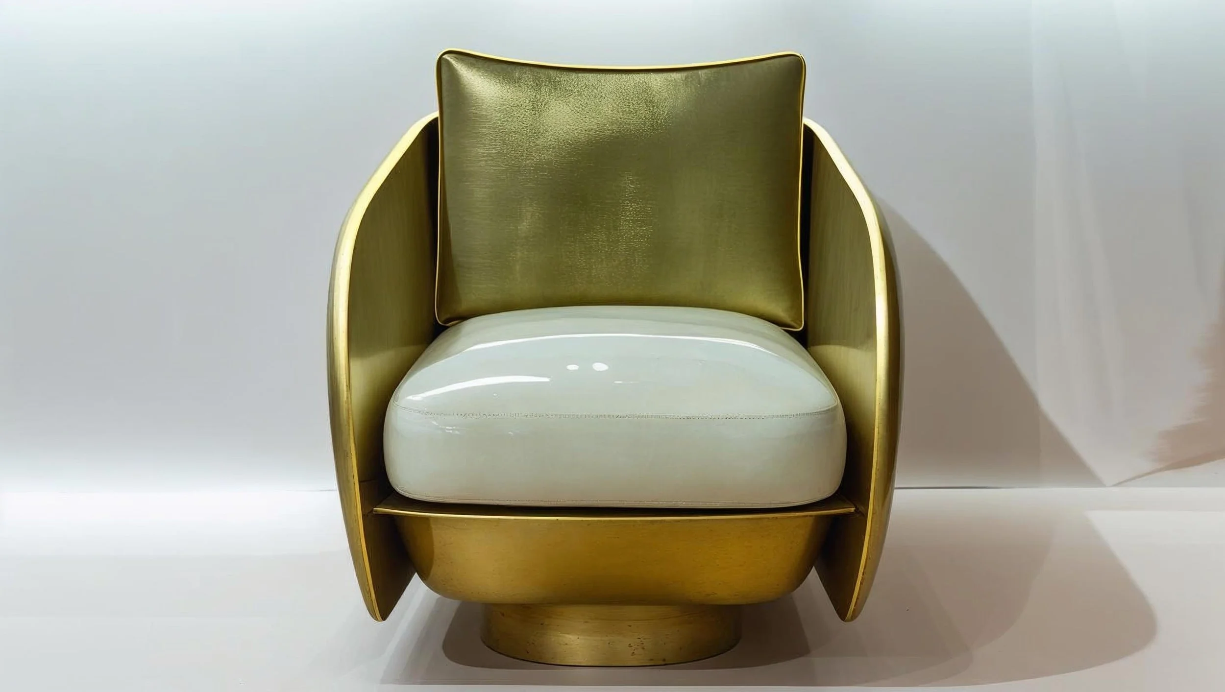make mat brass base minimalist low upholstered armchair with silvered finish and white suede long upholstered and white suede back support cushions that are full length and tubular. The brass base of the chair should extend to the fu (6).jpg