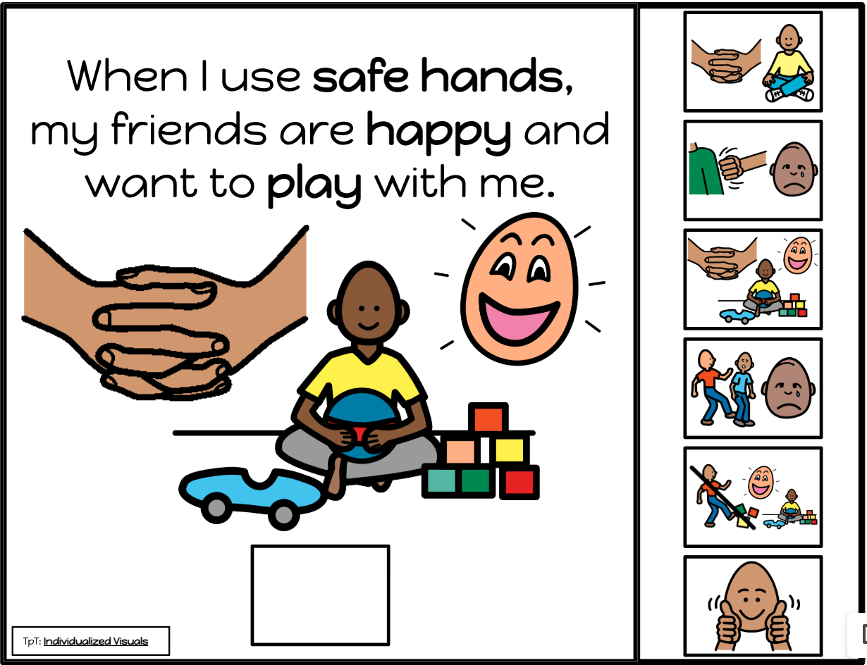 This is a page example of a safe hands social story adapted book