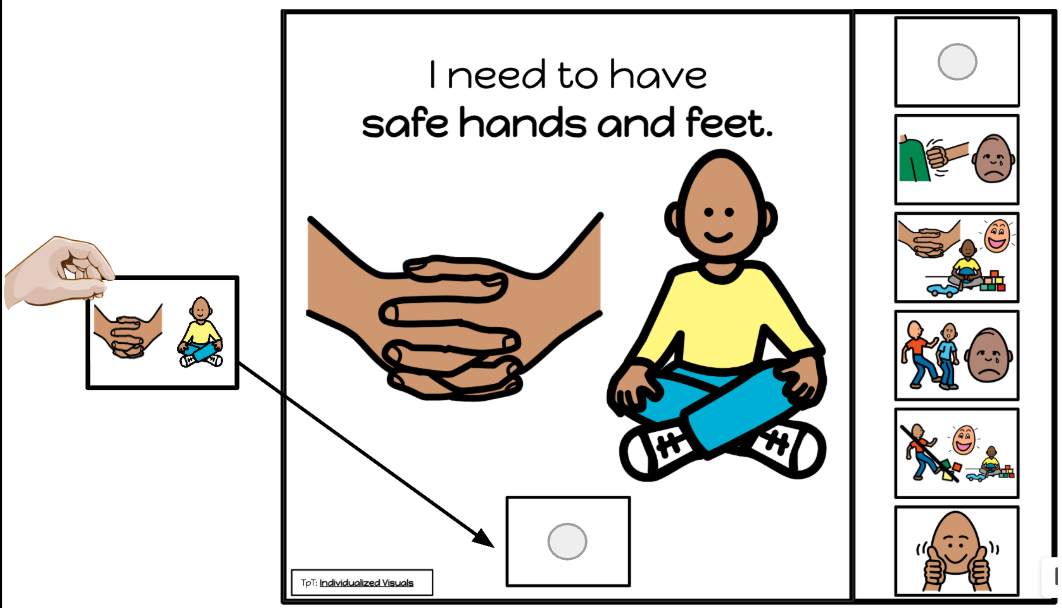 This is a page from a safe hands and safe feet social story adapted book