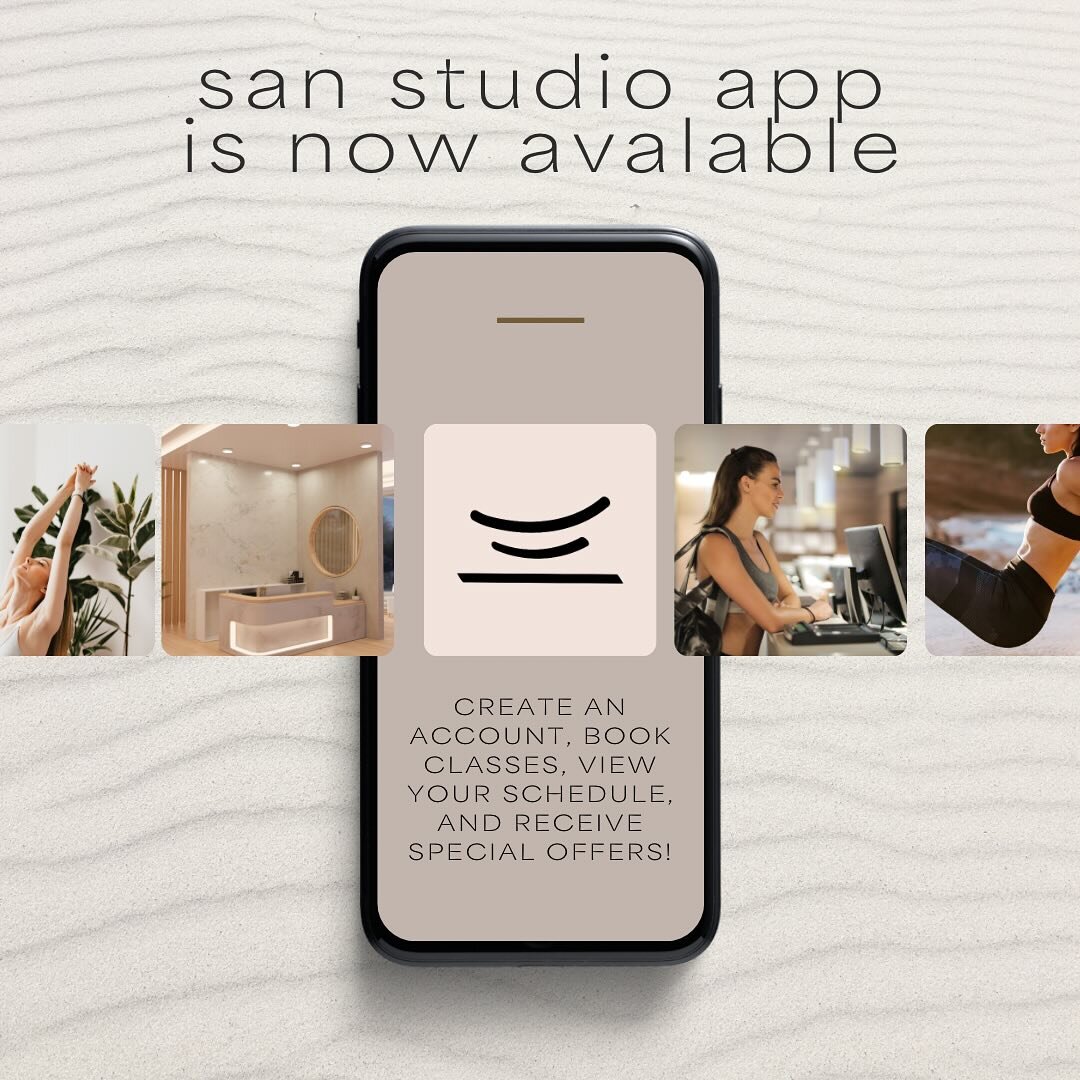 The san studio app is live! Download the free app now and create an account, view our weekly schedule (starting Feb 24), book classes and recieve special offers. Now available in the Google Play and App store, link in bio ✨