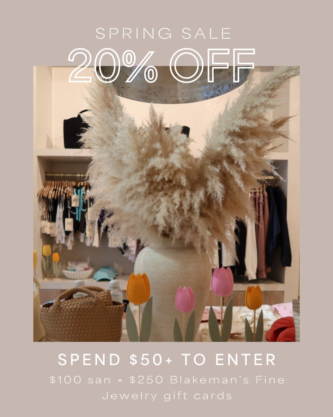 Spring sale, in studio 🌷 april 11 + 12 only⁠
⁠
We&rsquo;ve teamed up with @blakemansfinejewelry for a weekend of sipping, shopping, and saving with prosecco provided 🥂⁠
⁠
Enjoy 20% off the boutique⁠
Spend $50+ to enter to win a $100 san gift card +