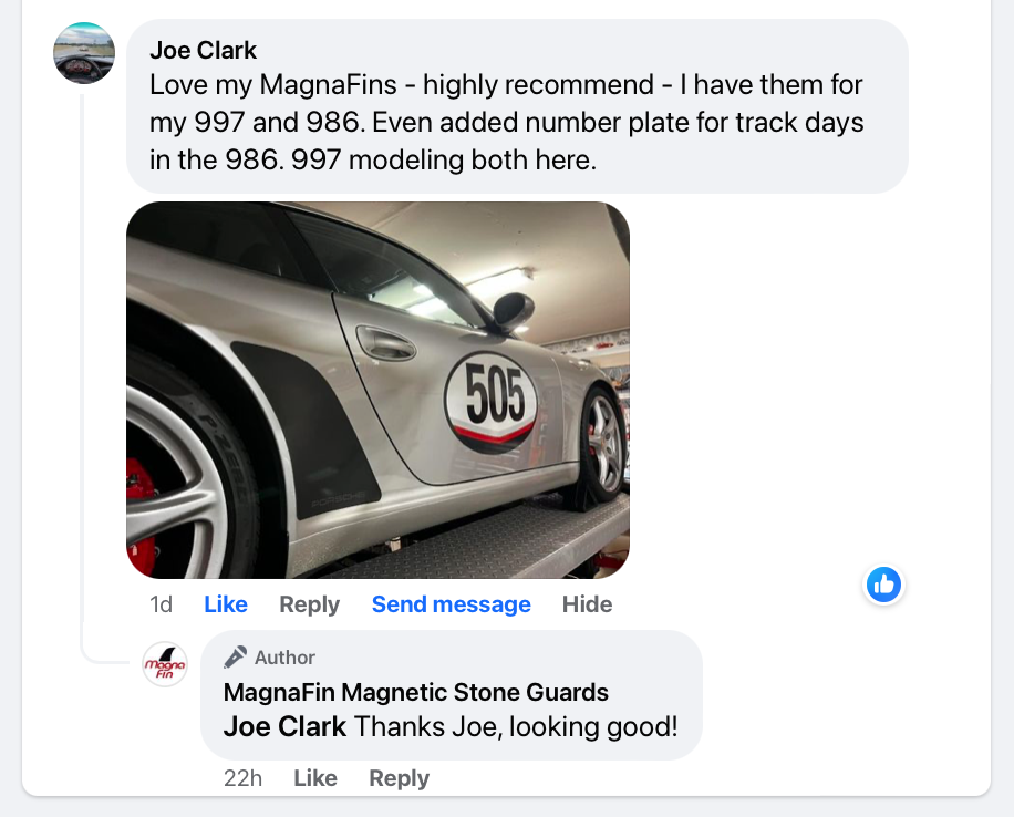 Social media comment - Love my MagnaFins - highly recommend - I have them for my 997 and 986. Even added number plate for track days in the 986. 997 modeling both here.
