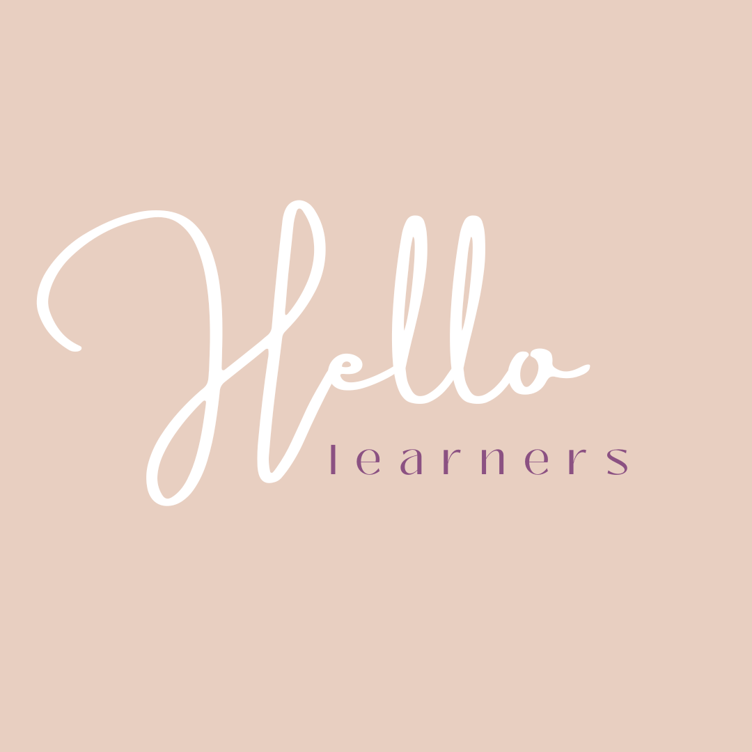 The phrase 'Hello learners' written in cursive on a beige background.