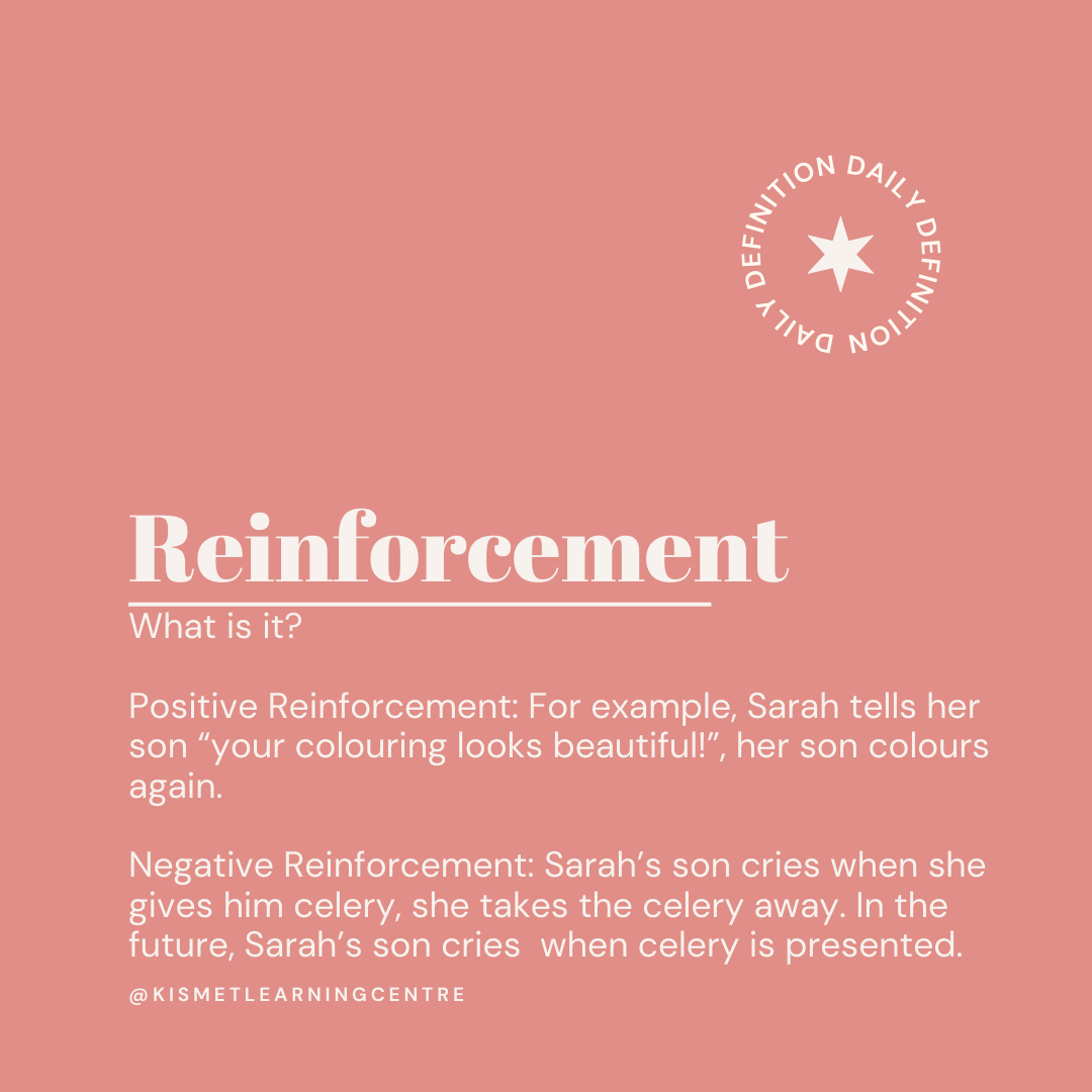 Image with a peach-colored background and text explaining reinforcement. The word 'Reinforcement' is highlighted and defined with examples. Positive reinforcement is described with a scenario of Sarah praising her son's coloring, encouraging him to color again. Negative reinforcement is shown through Sarah's son crying when given celery, leading to the celery being taken away, resulting in his crying whenever celery is presented. A small logo with a white star and the text 'Daily Definition' is included. The image credits @kismetlearningcentre.