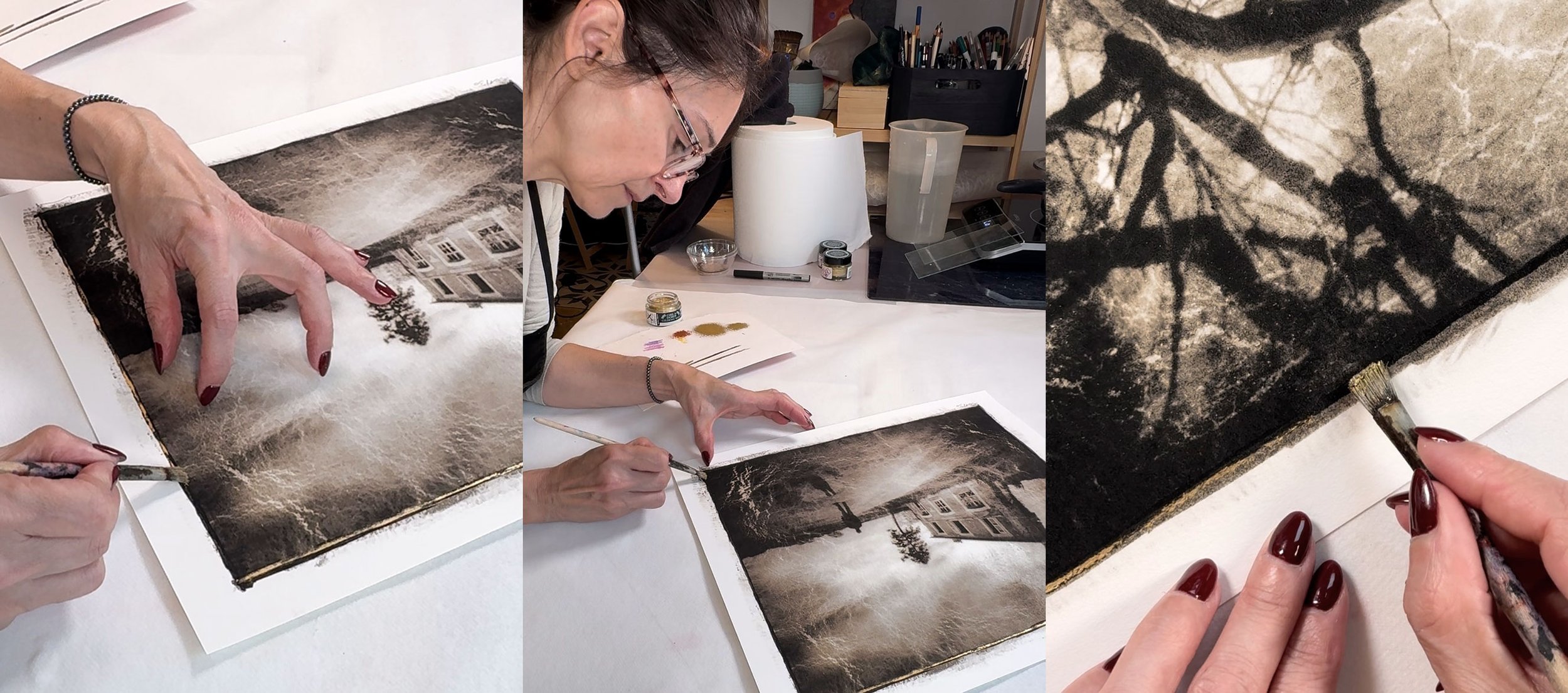 Des images montrant corinne Héraud dans son atelier et qui travaille à la main ses impressions d'art de la série des Errances.