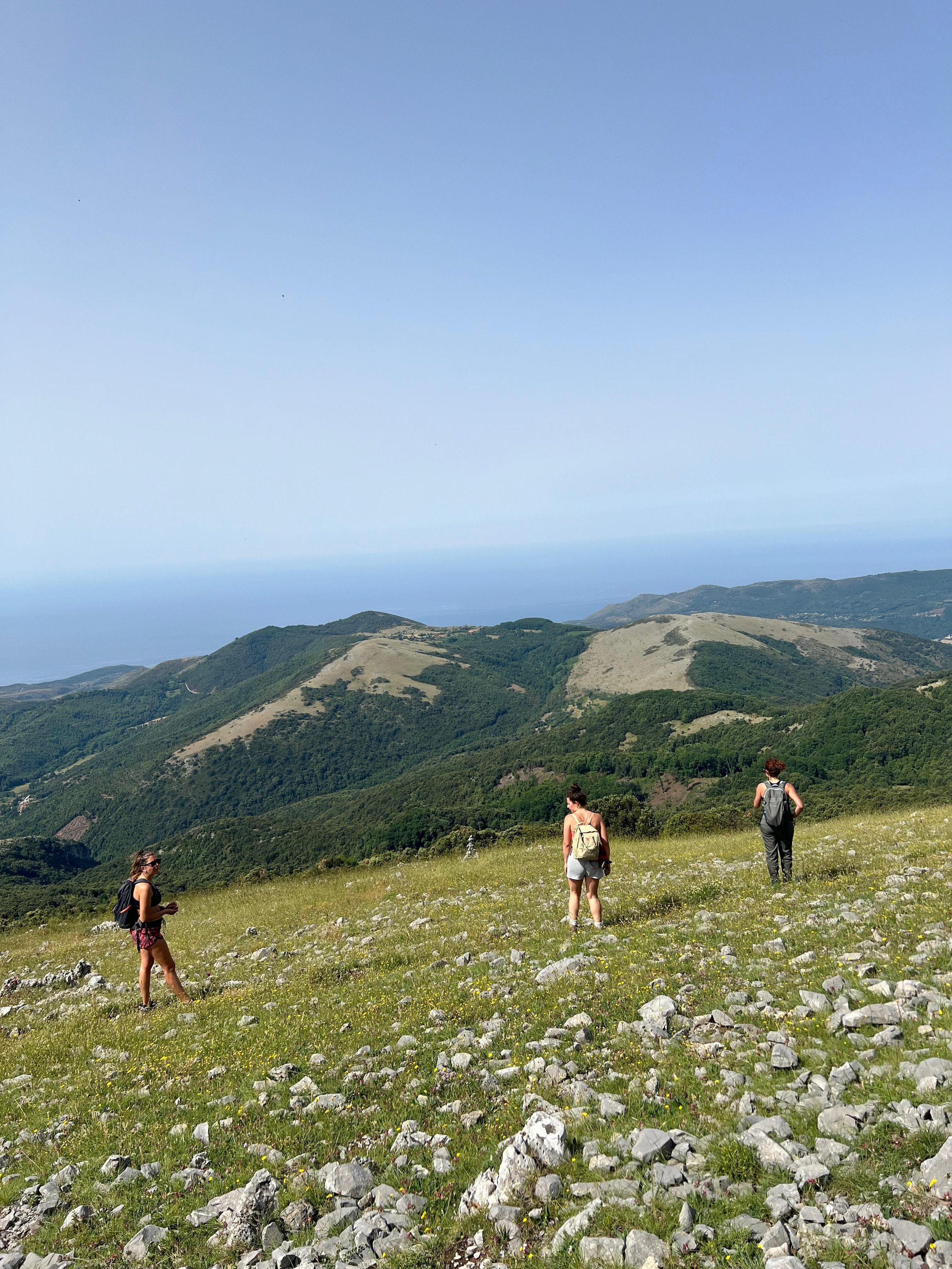Persone che camminano su un prato erboso con rocce, montagne verdi e mare all'orizzonte sotto un cielo azzurro.