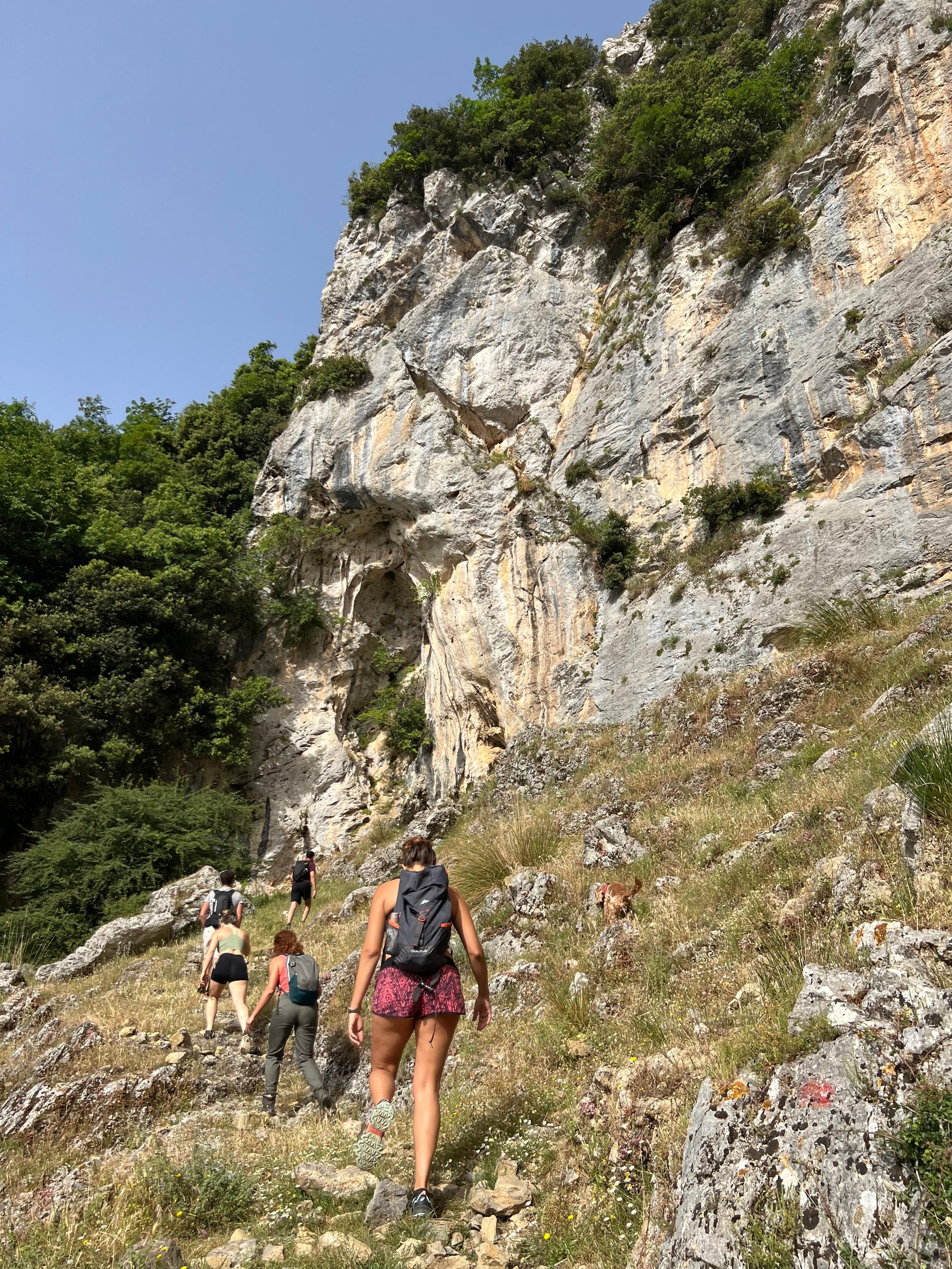 Persone che camminano su un sentiero di montagna, circondato da rocce e vegetazione.