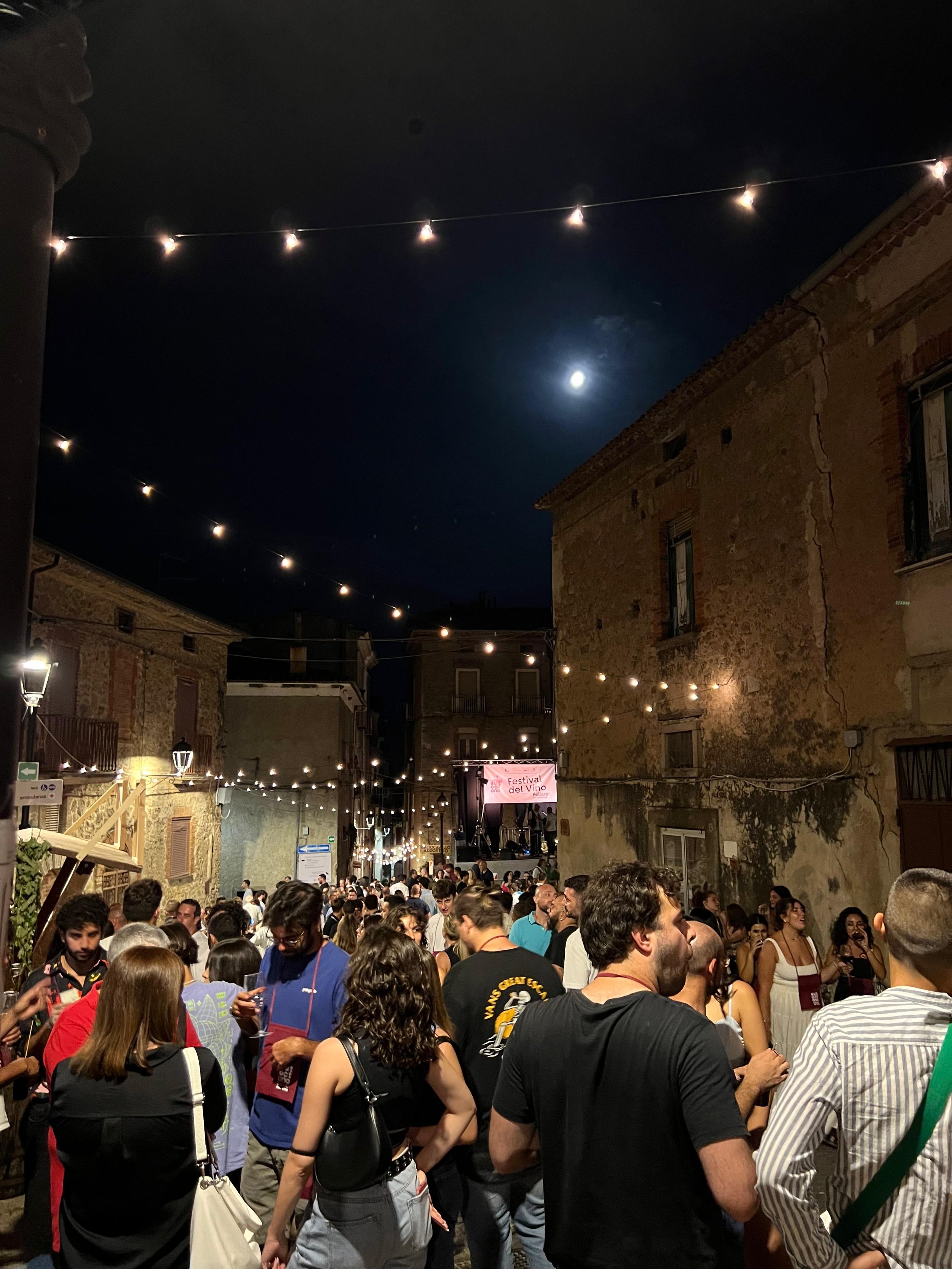 Festa di strada notturna con molte persone riunite sotto luci appese, una luna visibile nel cielo, e un cartello che indica un evento chiamato "Festival del Vino" sullo sfondo.