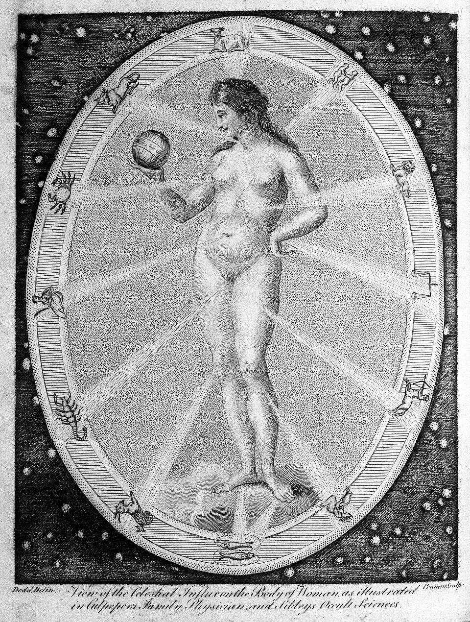 A pencil sketch drawing of a woman holding an orb and the 12 astrological signs
