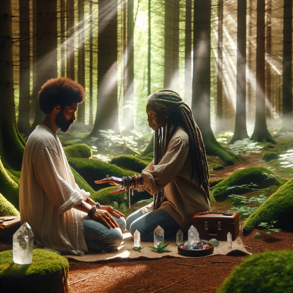 Two people casting a spell or performing a ritual in a mystical forest surrounded by glowing crystals and moss-covered trees.