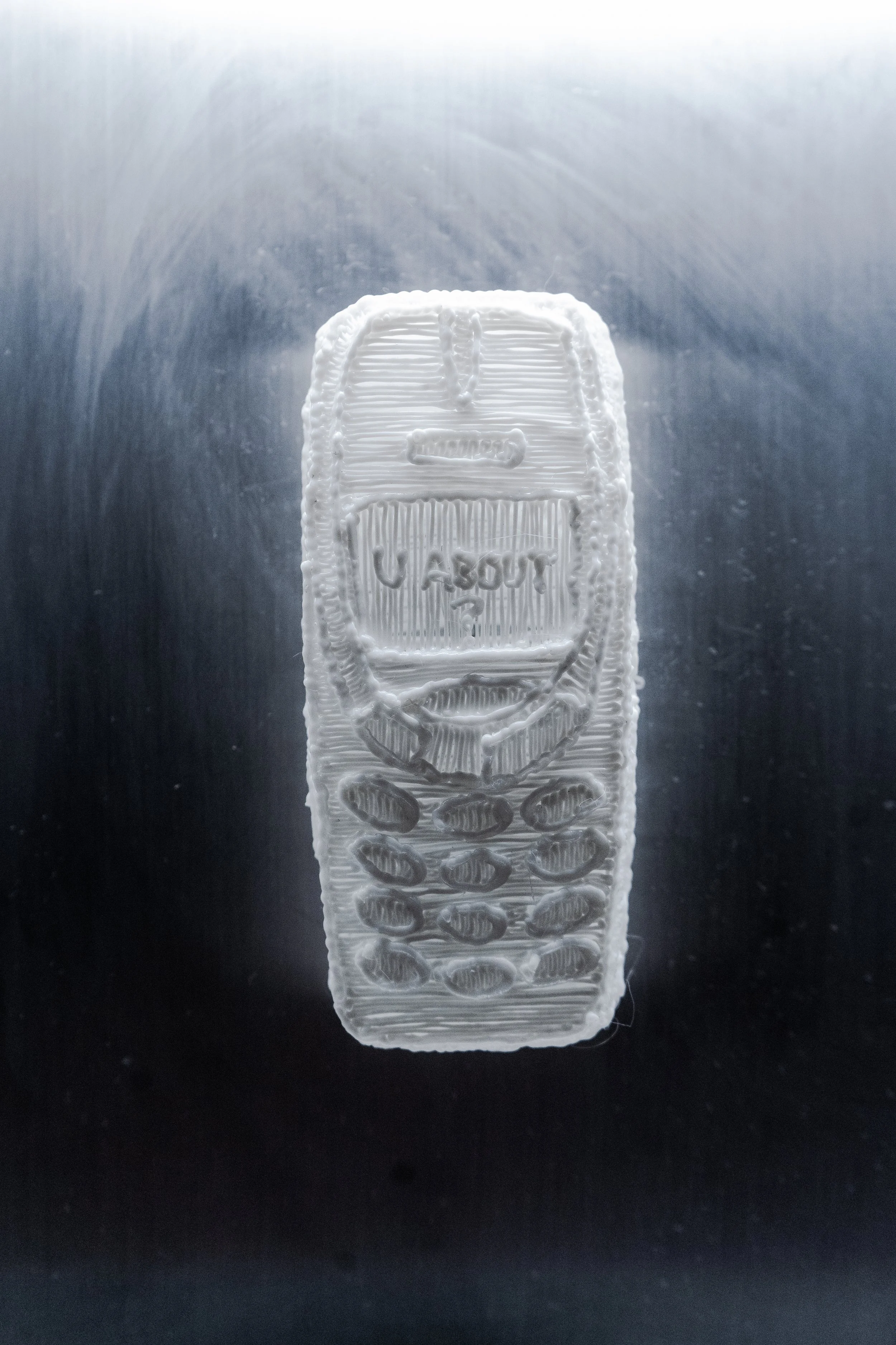 ‘U ABOUT?’ (2025), Hand-drawn PLA, Aluminium, LED. 31(H)x25(W)x5(D)cm. Private collection.