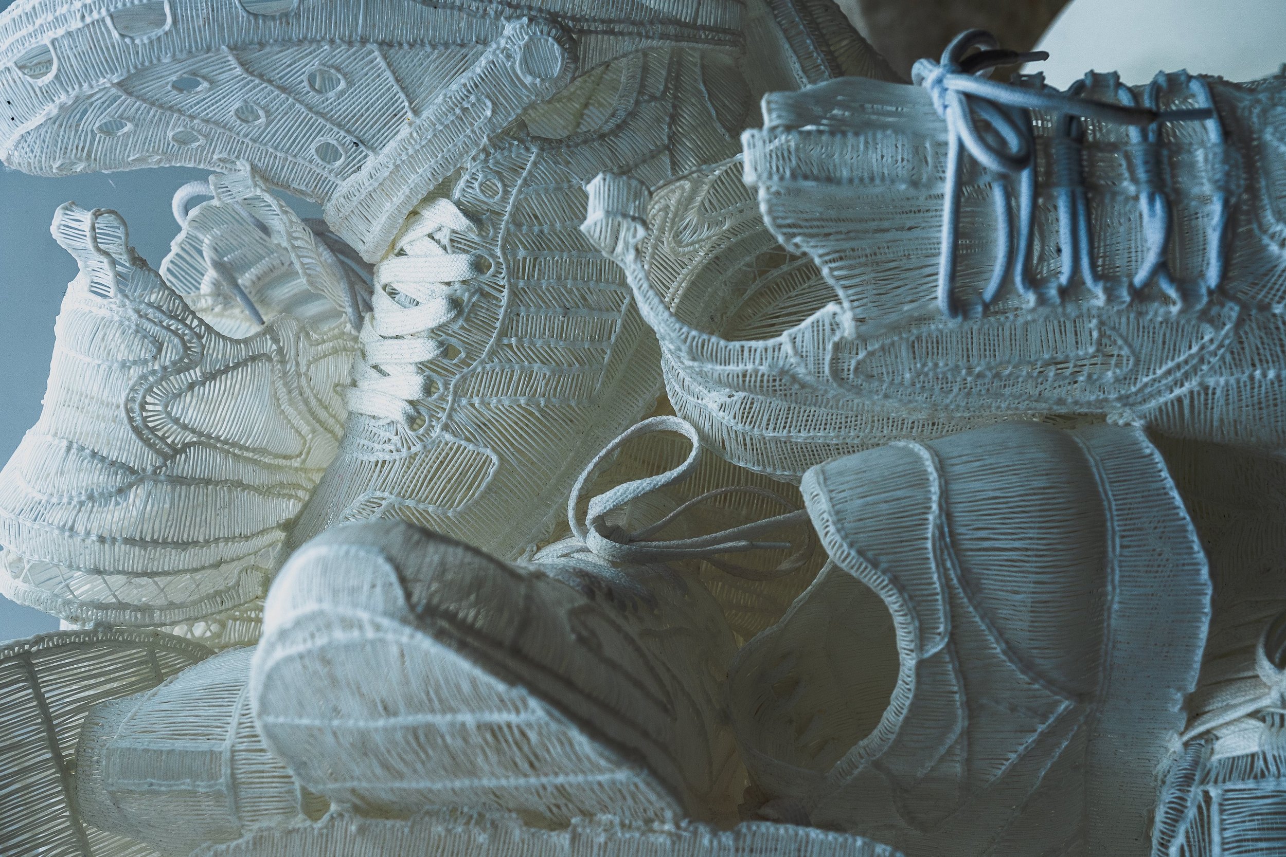 'Huarache GHOST' (2024), hand drawn PLA, white laces. 