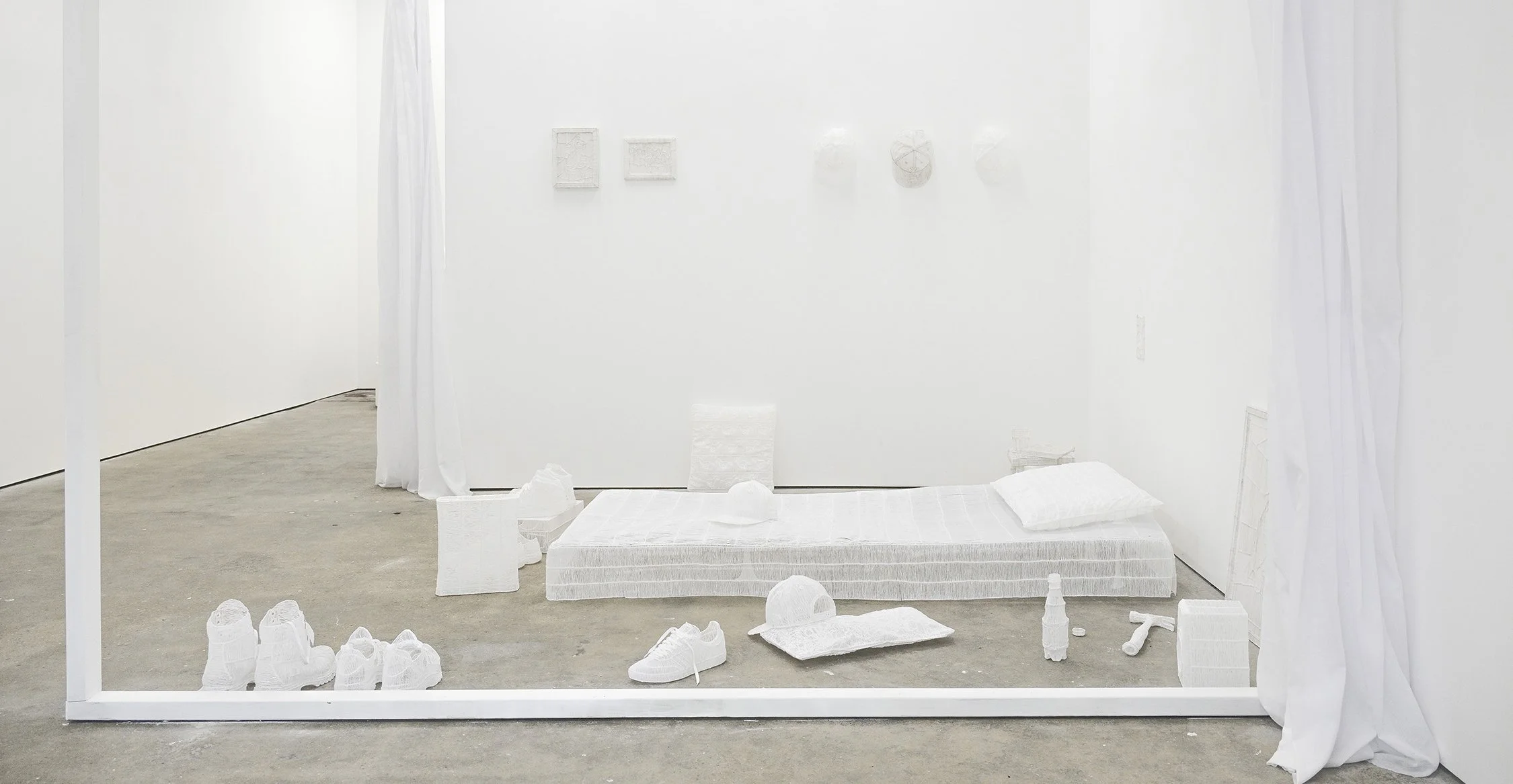 'Bedroom GHOST' (2024), hand drawn PLA, white laces, wooden frame, cotton curtain.