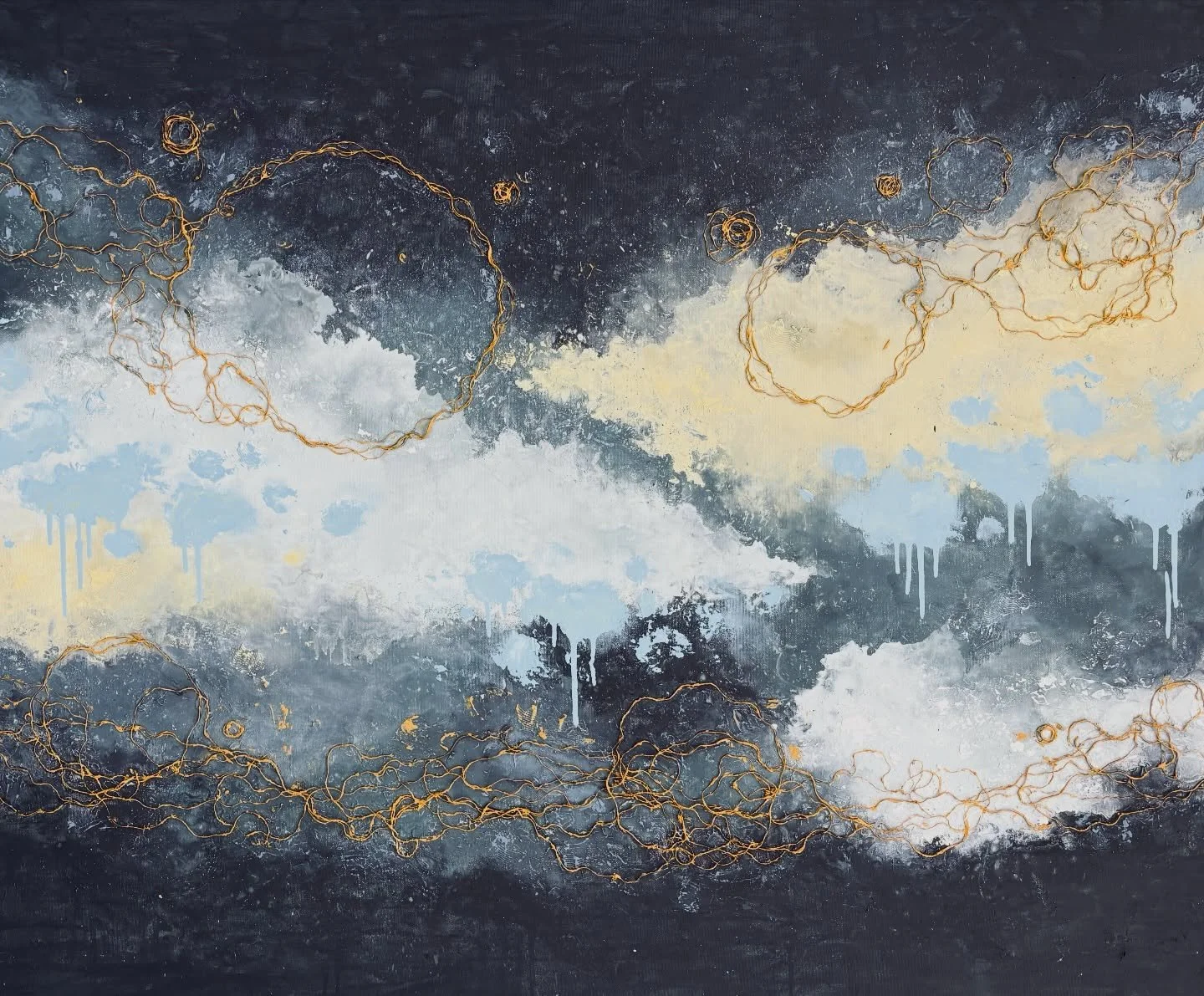 &quot;Among the night clouds
Under the light of the stars
Your dreams are dancing
Until the sun chases them away&quot;
NIGHT CLOUDS 120x100cm 
.
Acrylic, sand, reclaimed fishing rope on canvas 
.
#abstractart #abstract #painting #dreamscapes