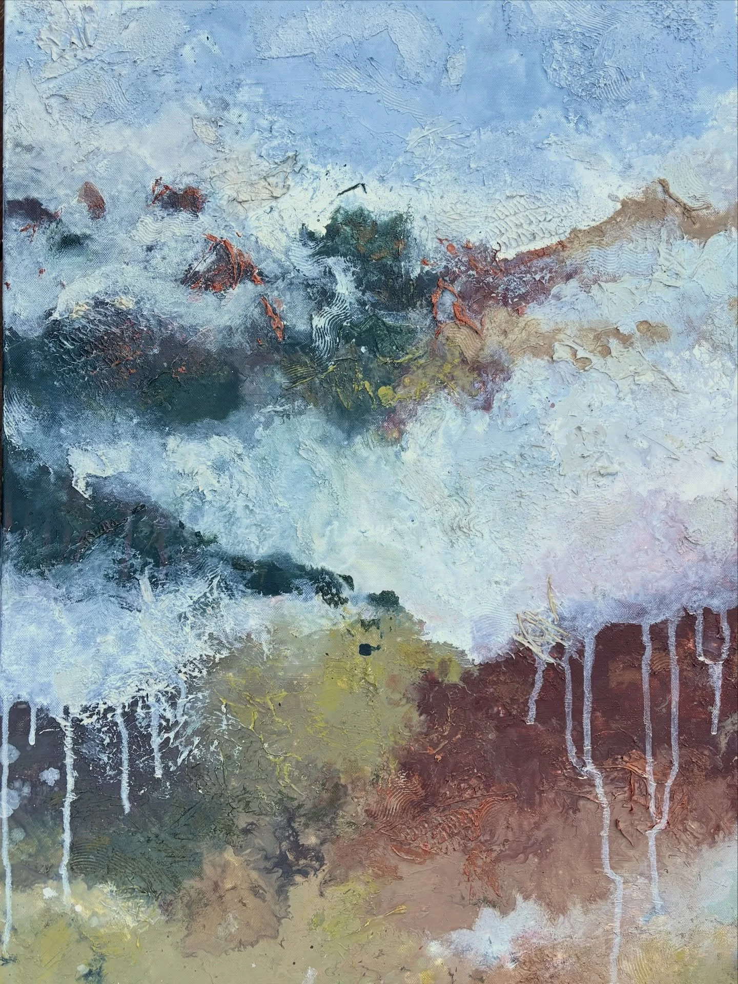 "Thaw Line" 
Wicklow Mountains Series 
.
50x70cm
.
Acrylic, sand, organic materials from the Wicklow mountains (leaves etc.) 
.
#art #artwork #wicklowmountains #painting #abstractart