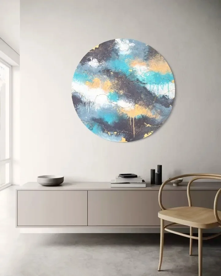 "Golden Shores"
.
90x90 (round, deep edge canvas)
.
Acrylic, sand, reclaimed fishing rope on canvas 
.
#abstractart #artwork #abstractseascape #painting #irishart