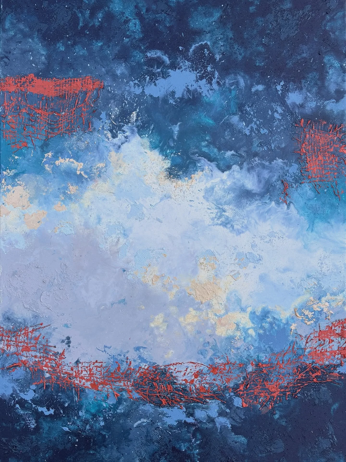 "Swimming With the Light"
.
Triptych 3x 50x70cm
.
Acrylic, sand, reclaimed netting 
.
#abstract #abstractartwork #triptych #painting #art