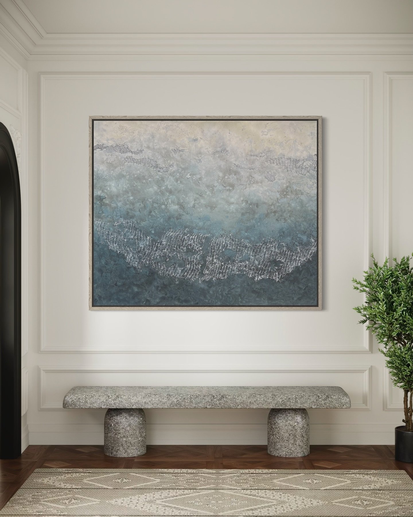 "Morning Mist at North Beach"
120x100cm 
Acrylic, black sand, reclaimed netting 
.
.

#morningmist #abstactart #abstractseascape #painting #artcollector