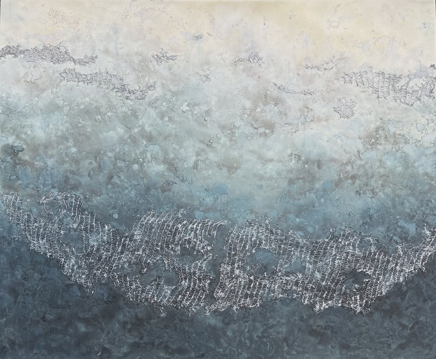 "Morning Mist at North Beach"
120x100cm 
Acrylic, black sand, reclaimed netting 
.
I paint what I see (sometimes) and this was February 2026 for me 🌫️🌧️ Greystones, even in the worst weather, is still beautiful💙
.
.
#greystones #artcolle