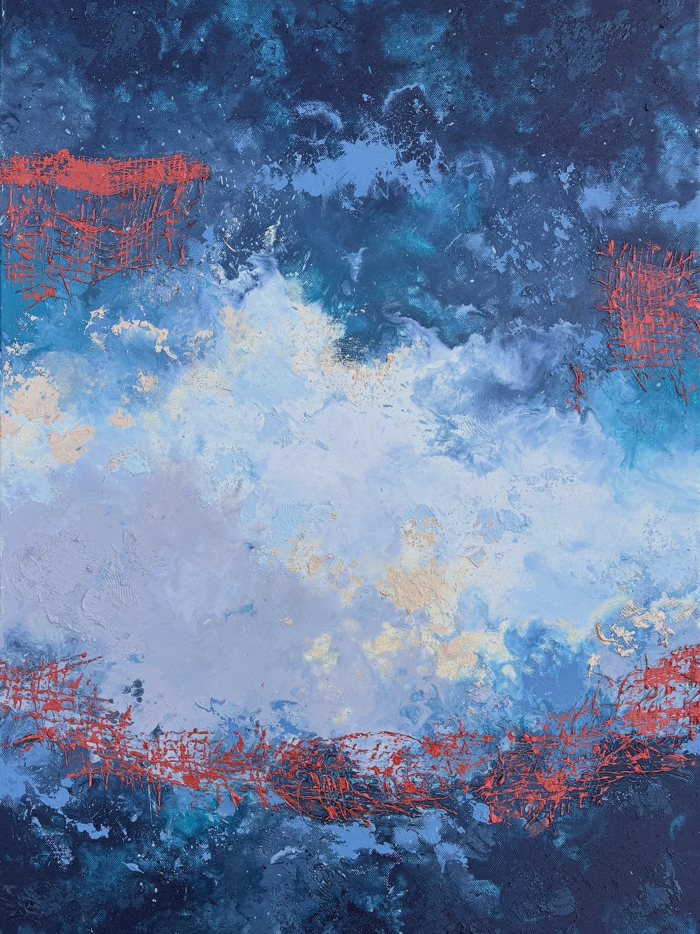 "Swimming With the Light"
.
Triptych 3x 50x70cm
.
Acrylic, sand, reclaimed netting 
.
#abstract #abstractartwork #triptych #painting #art