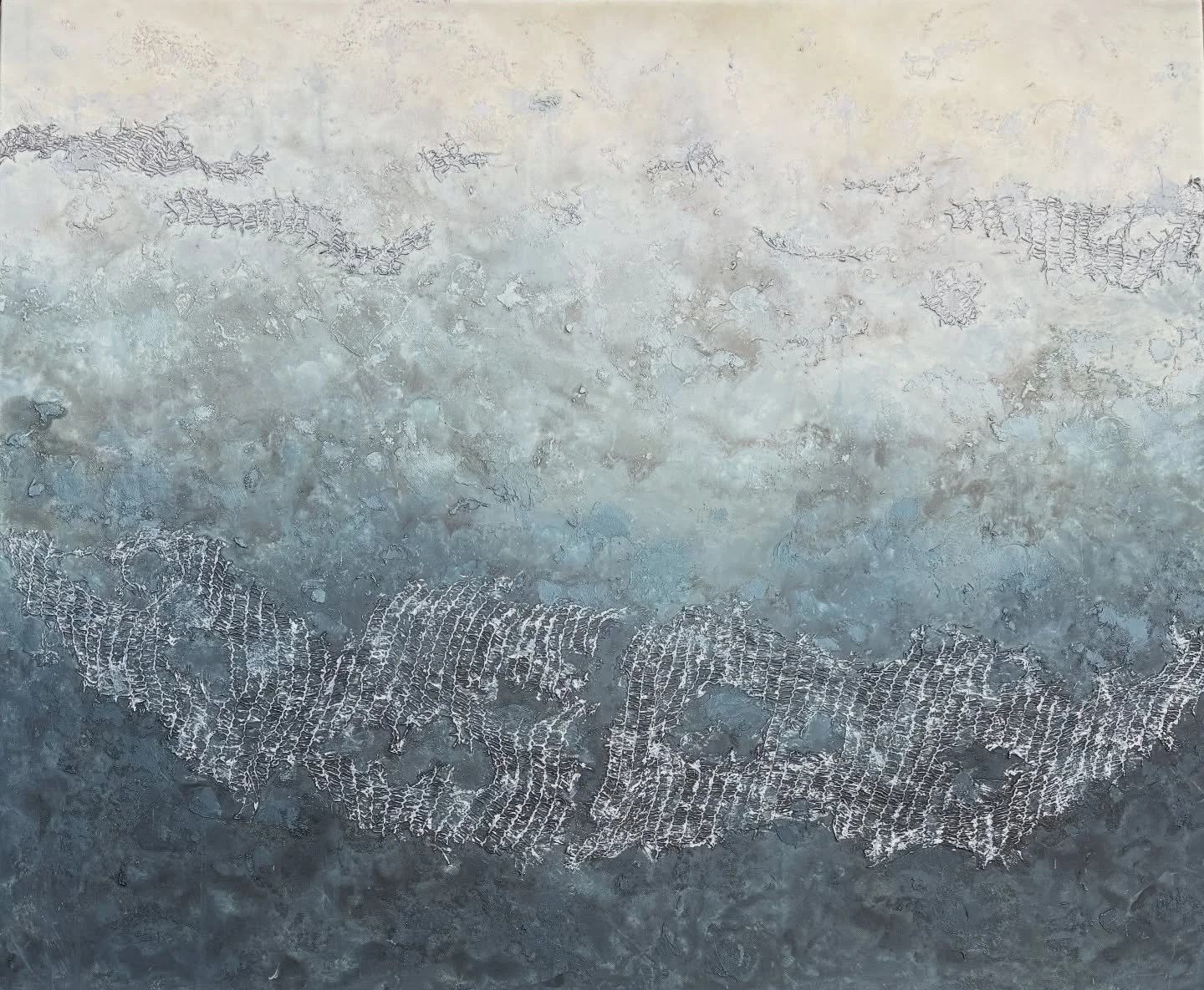 "Morning Mist at North Beach"
120x100cm 
Acrylic, black sand, reclaimed netting 
.
I paint what I see (sometimes) and this was February 2026 for me 🌫️🌧️ Greystones, even in the worst weather, is still beautiful💙
.
.
#greystones #artcolle