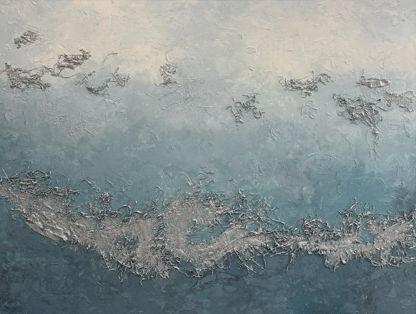 "Spring Breaks on the Shallows"
100x75cm 
Acrylic, sand, reclaimed netting (collected on a remote beach in county Mayo)
.
.
.
#art #artcollector #abstractseascape #countymayo #abstractart